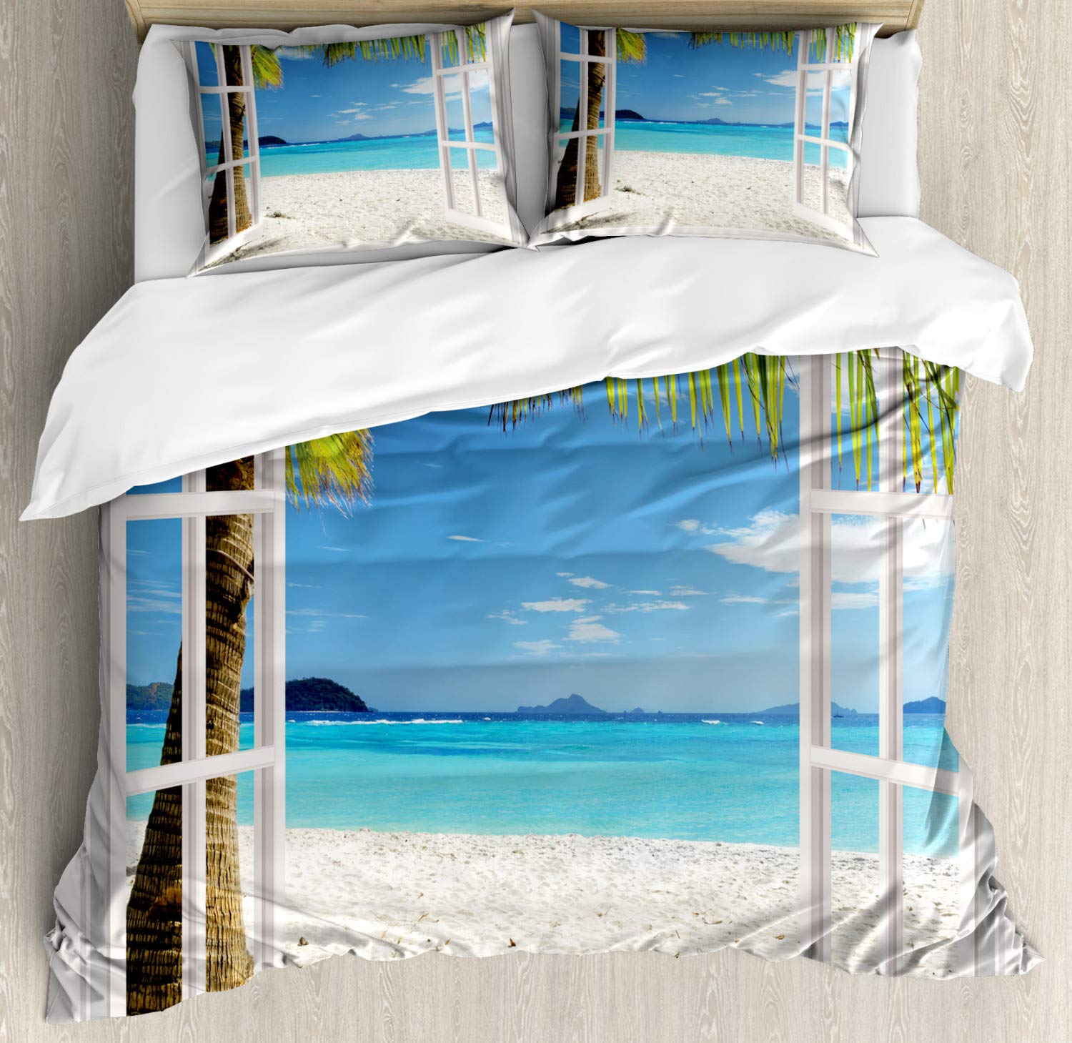 Ambesonne Turquoise Duvet Cover Set - Tropical Palm Trees Island Ocean Beach View Through White Wooden Windows - 3 Piece King Size Bedding Set with 2 Pillow Shams in White Green Blue - Perfect for Beach House Decor, Tropical Bedroom Theme & Coastal Home Styling