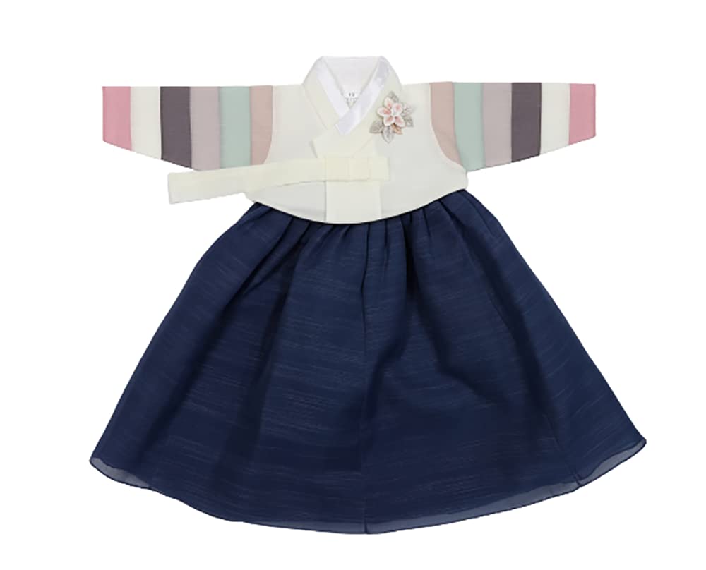 Traditional Korean Hanbok Dress for Baby Girl - Ivory & Navy First Birthday Party Outfit - Perfect for Doljanchi Celebrations, Photoshoots, and Cultural Events