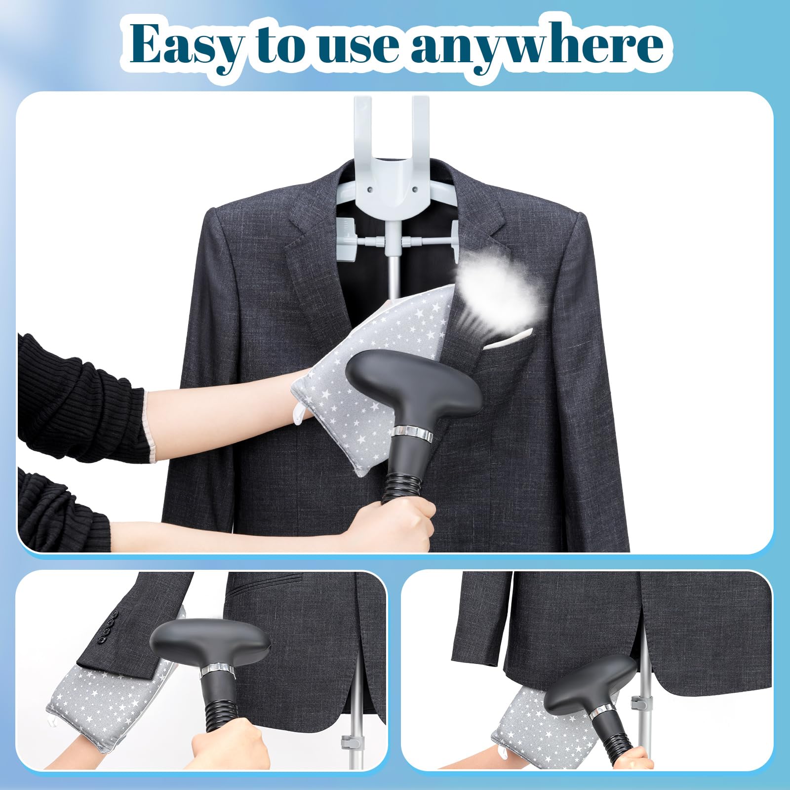 Adjustable Garment Steamer Rack & Ironing Glove Set for Clothes - Portable Mini Ironing Board with Hanging Hook - Perfect for Travel, Home & Professional Garment Care (Grey)