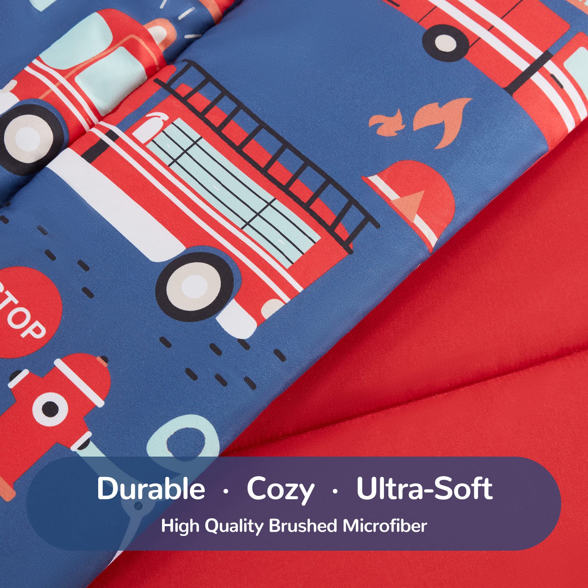 Kids Twin Bedding Set - 5 Piece Super Soft Comforter Set with Sheet, Pillowcase & Sham | Fade Resistant & Easy Care | Fire Truck Design | Perfect for Boys' Bedroom, Sleepovers & Nursery Decor