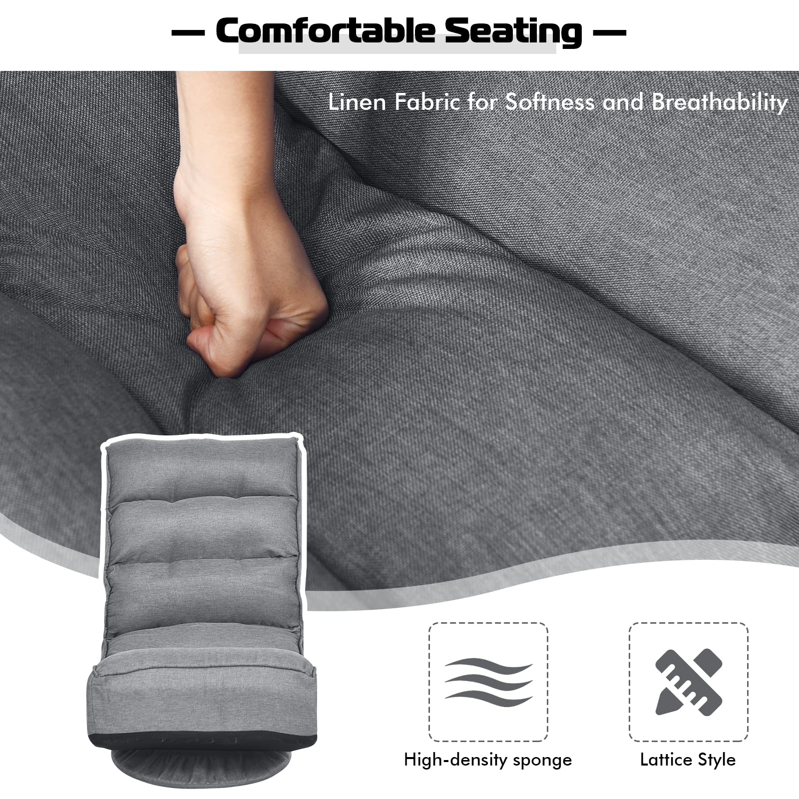 COSTWAY Adjustable 5-Position Folding Floor Chair with 360° Swivel - Ergonomic Gaming & Lounge Chair with Removable Cover & Padded Backrest - Perfect for Living Room, TV Watching, Reading & Video Games (Grey)