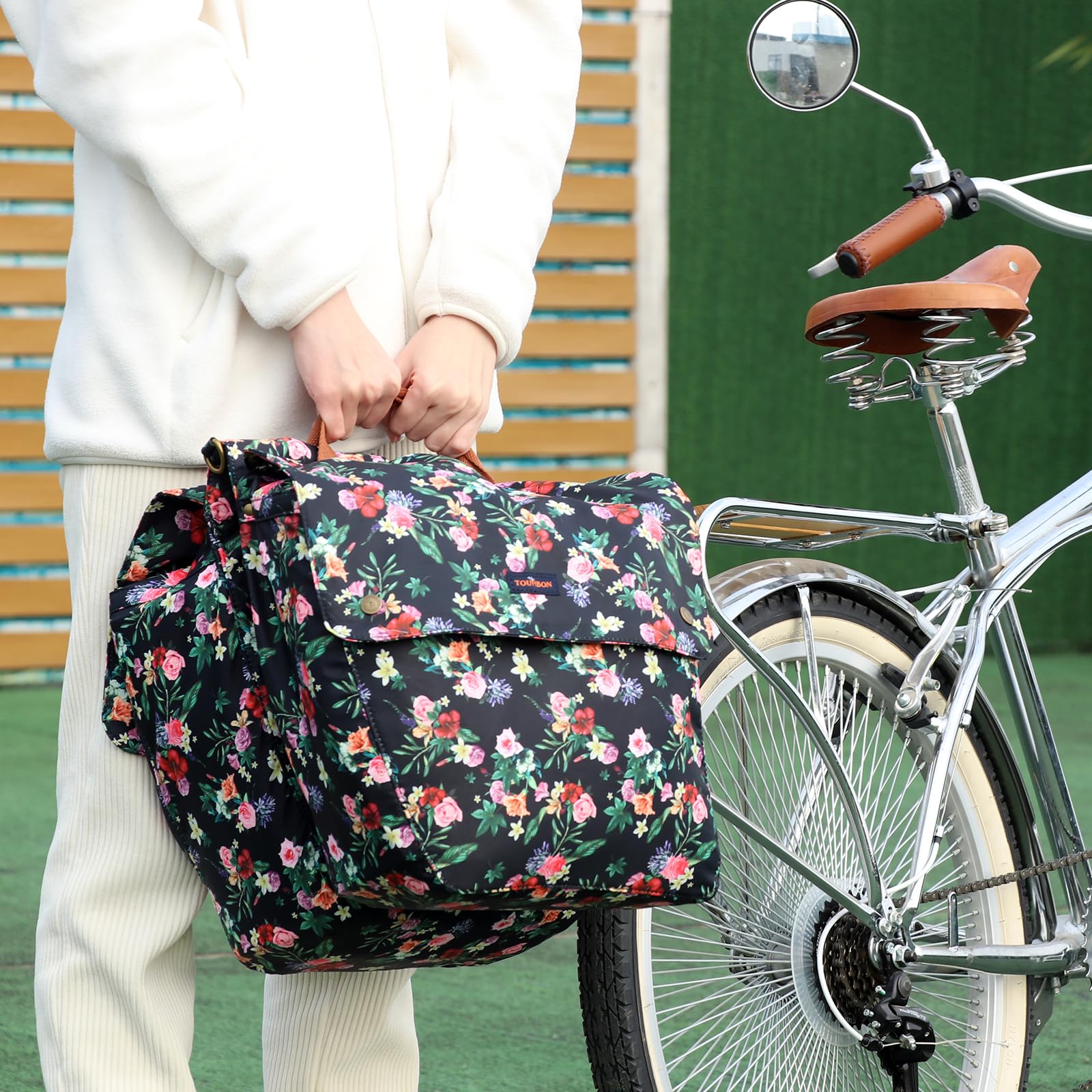 TOURBON Bike Pannier Bag - Waterproof Double Side Rear Rack Bicycle Seat Bag with Roll-Up Design (Black Floral Pattern) - Perfect for Commuting, Cycling Tours & Outdoor Adventures