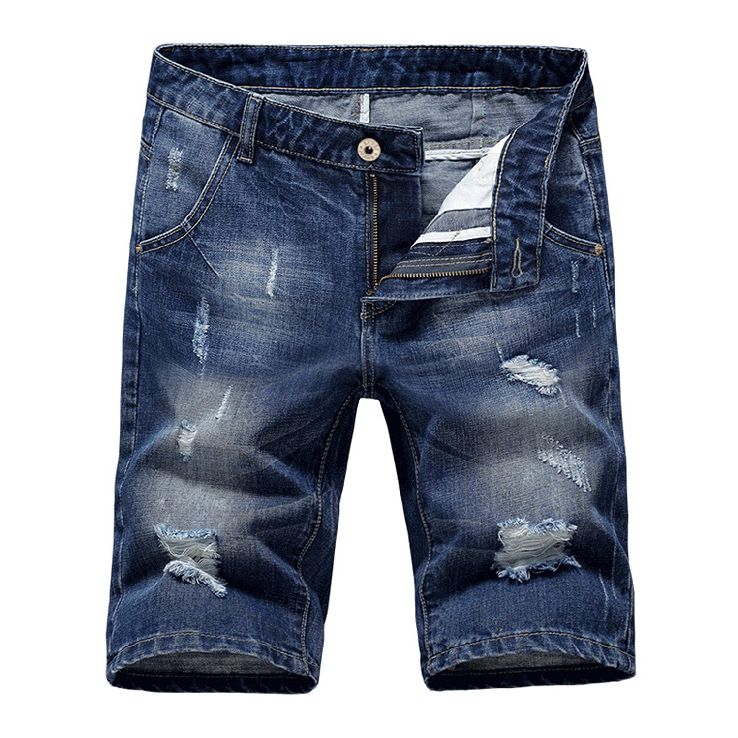 Men's Casual Ripped Denim Shorts - Summer Knee-Length Destroyed Jeans with Holes & Straight Fit | Perfect for Beach, Streetwear & Summer Outfits