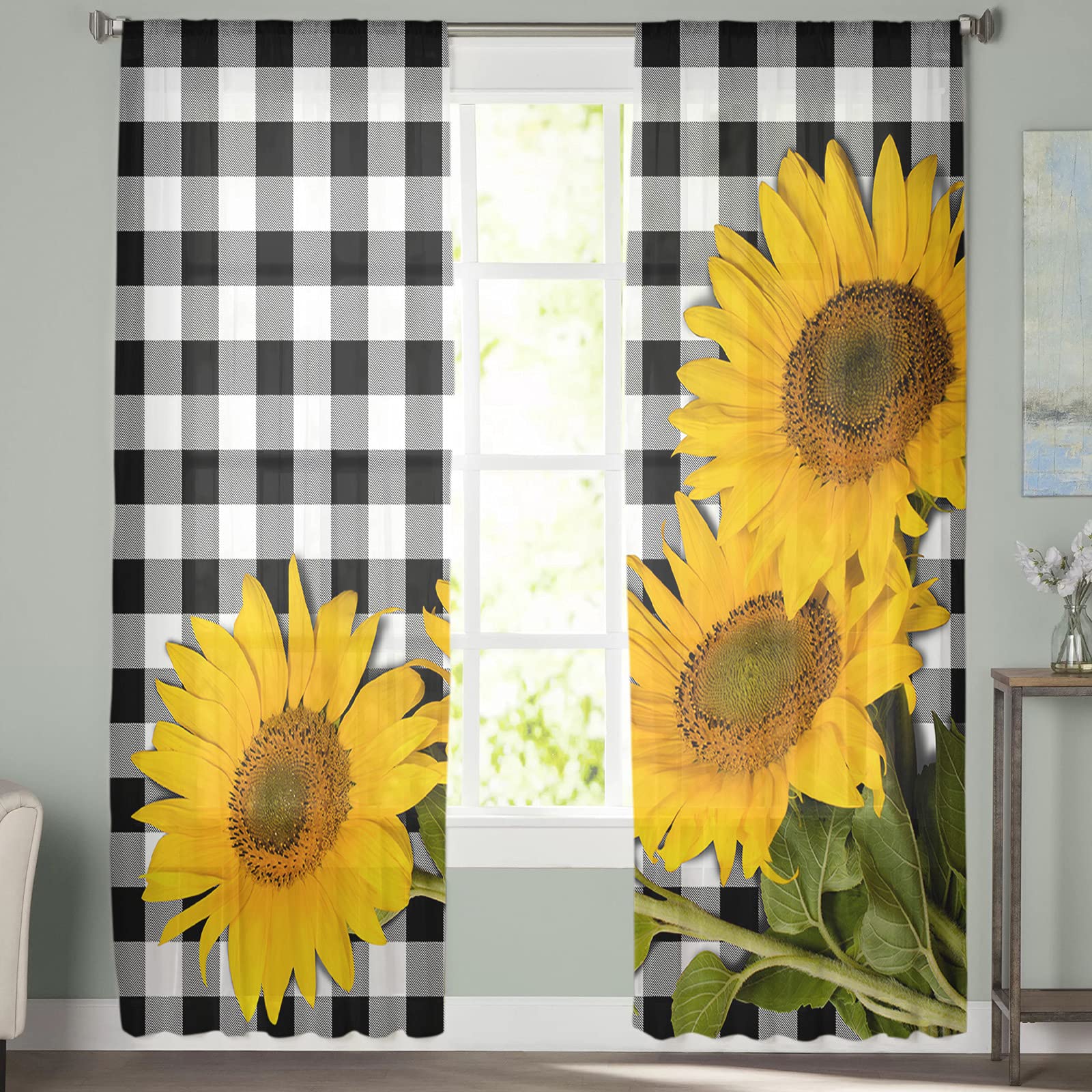 American Pastoral Style Semi-Sheer Curtains - Black & White Plaid Sunflower Design, Light Filtering Voile Window Panels (52x96 Inch) for Living Room, Bedroom & Home Decor