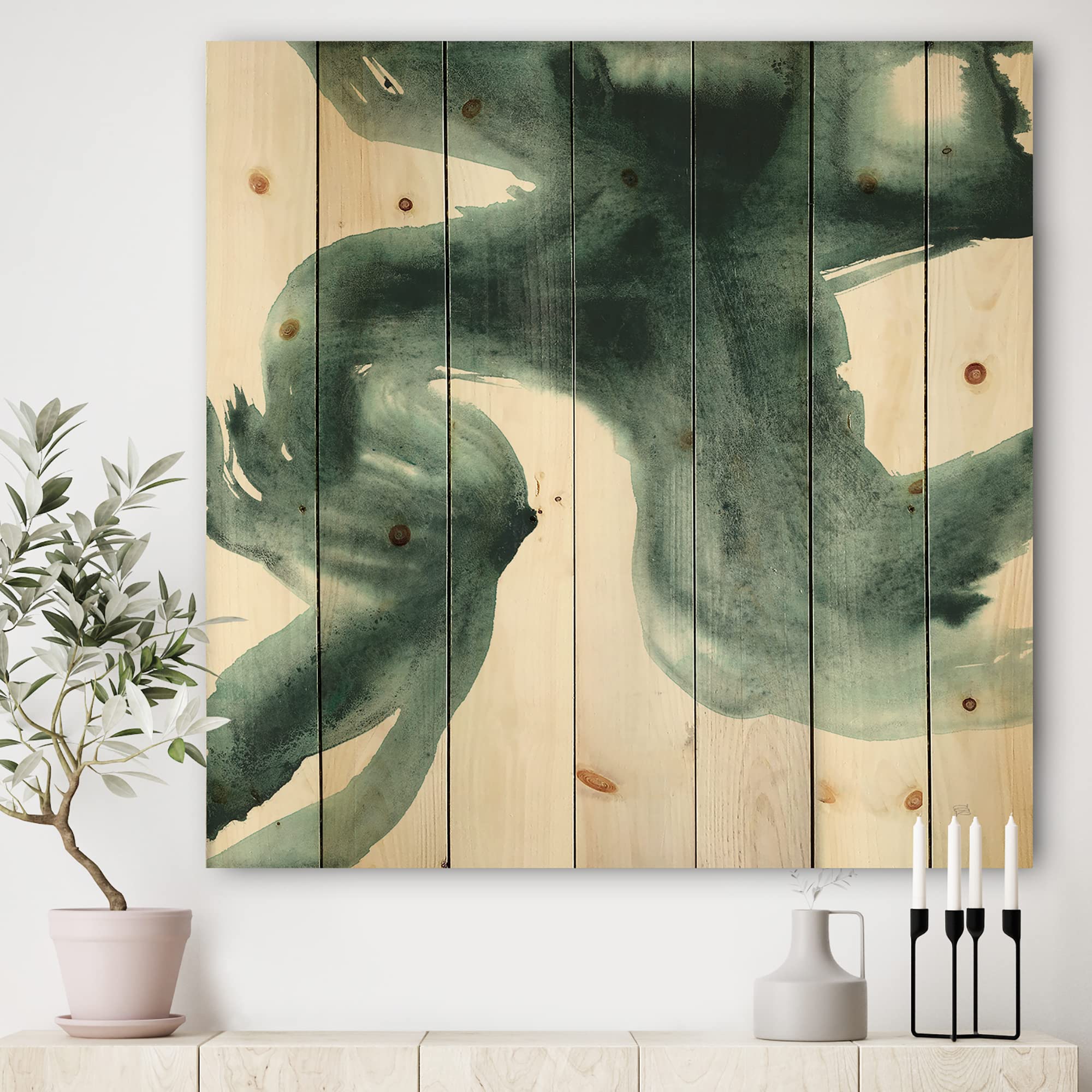 Modern Green Abstract Wood Wall Art - Gouache Green on Gray II Contemporary Pine Wood Decor Panel | Large Handmade Wooden Wall Hanging for Living Room, Bedroom & Office Decor