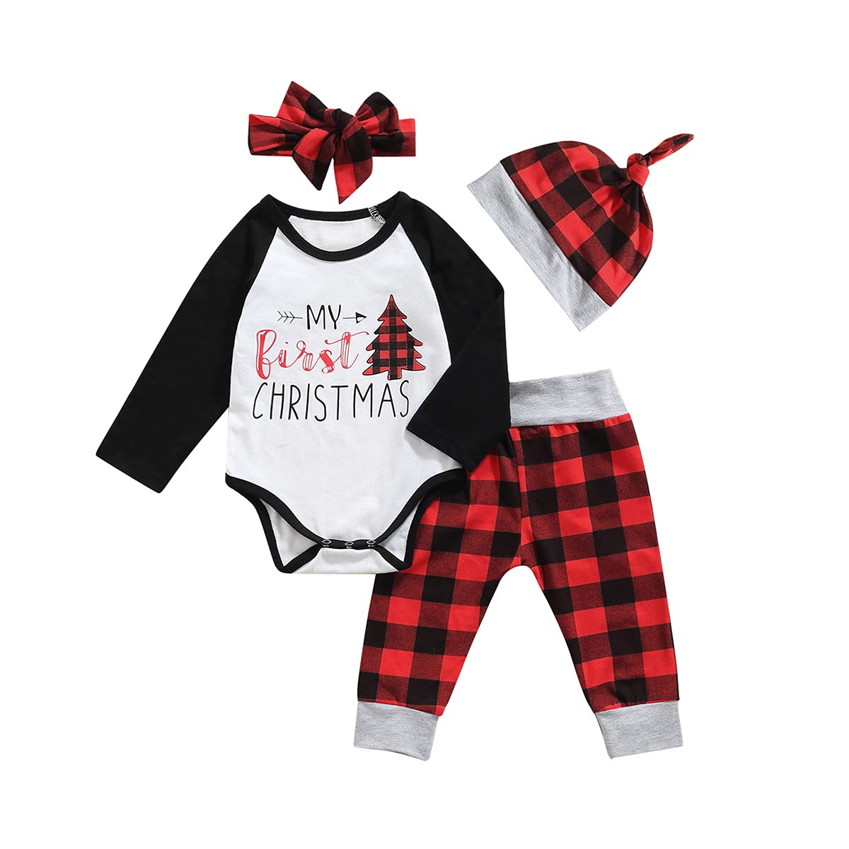 3Pcs Baby Boy Girl 1st Christmas Outfit Set - Newborn Infant Long Sleeve Romper Onesie with Pants & Hat - Winter Holiday Photo Outfit for First Christmas Celebration