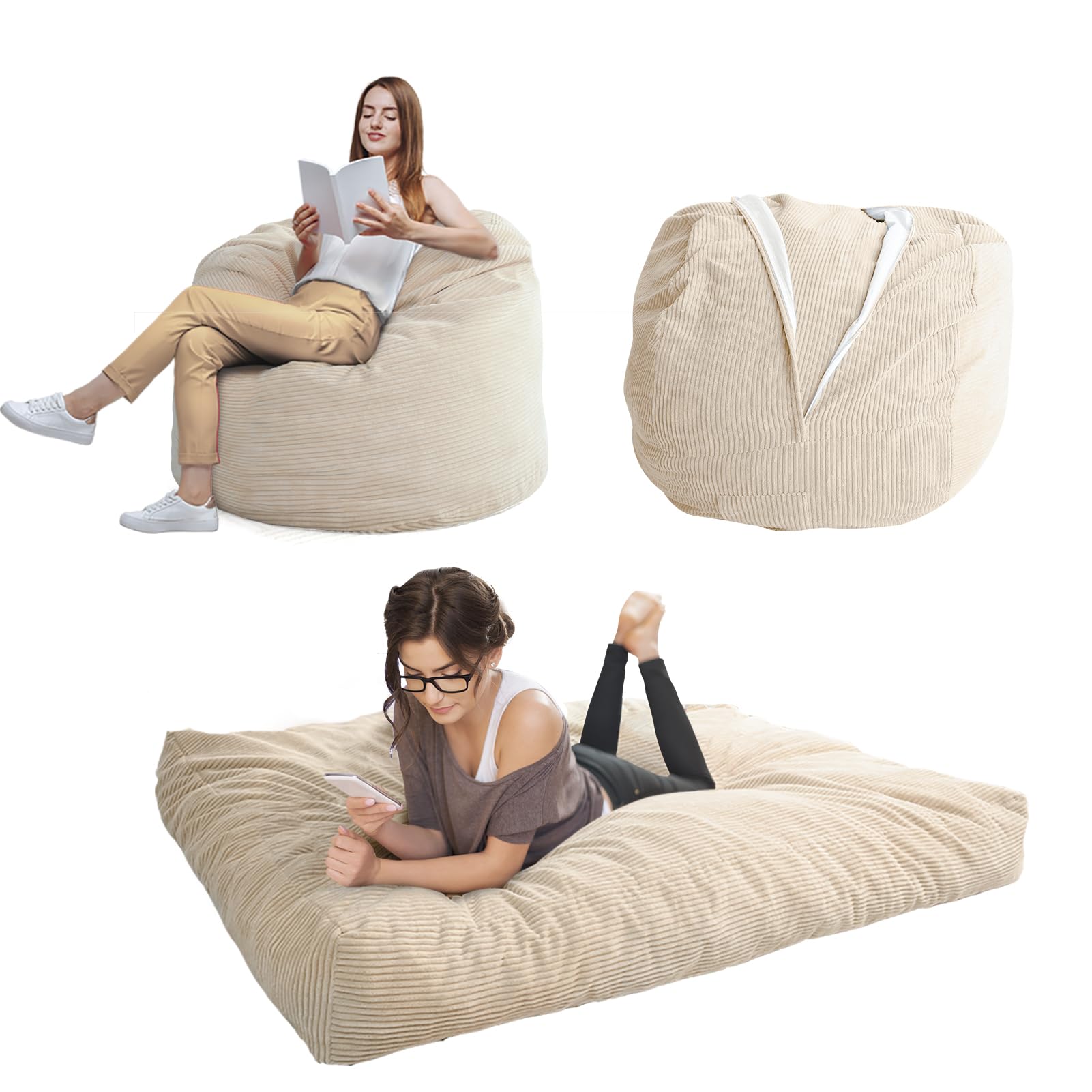 MAXYOYO Oversized Bean Bag Chair Bed for Adults - Convertible Floor Mattress & Lounge Chair - Soft Beige Fabric for Living Room, Bedroom & Game Room Relaxation