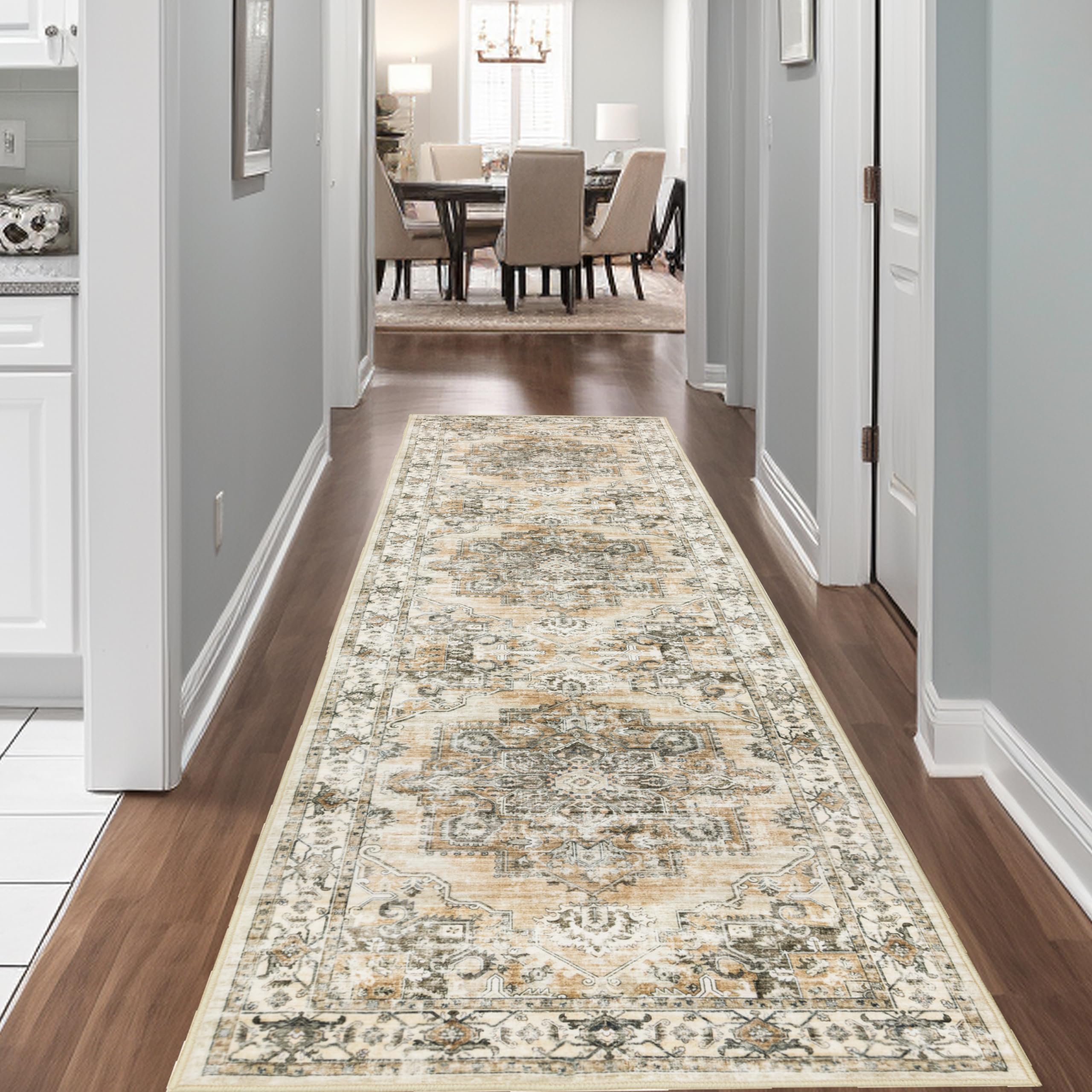 Non-Slip 2x10 Runner Rug - Vintage Farmhouse Hallway Carpet, Washable Kitchen & Entryway Rug in Neutral Brown | Perfect for Bedroom, Living Room & High-Traffic Areas