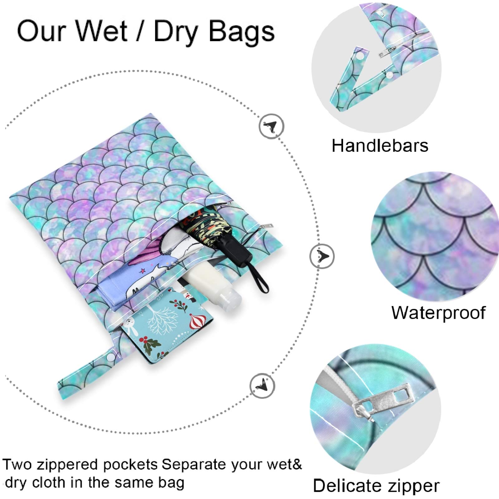 Visesunny 2-Pack Waterproof Wet Bags with Zipper - Reusable Washable Mermaid Scale Design for Swimsuits, Gym Clothes & Diapers - Perfect for Beach, Pool, Travel, Daycare & Stroller Organization