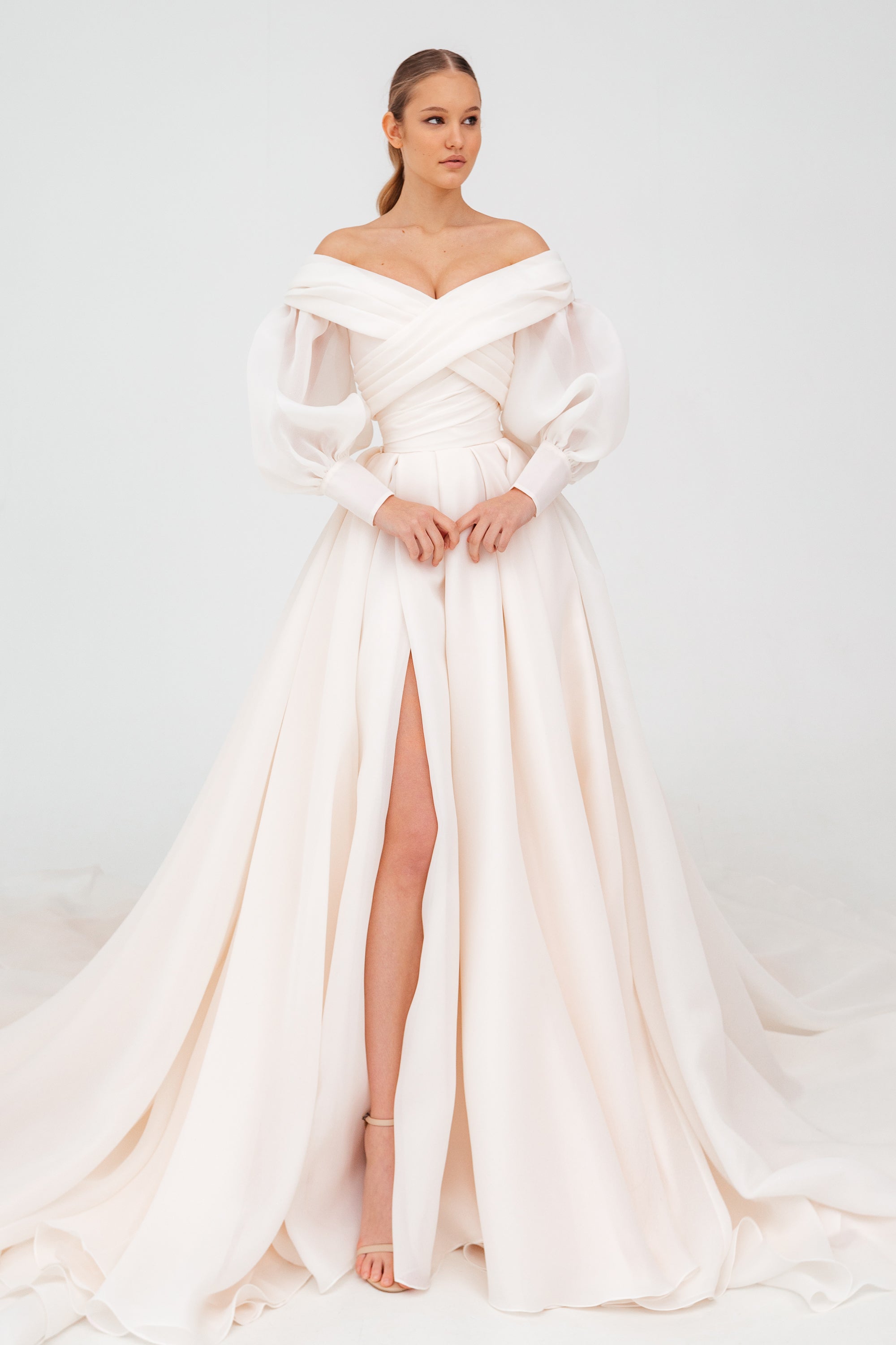 Elegant Coral Extra Convertible Wedding Dress Audrey - Basic Dress with Bolero, Bow & Detachable Train for Bridal, Prom & Formal Events