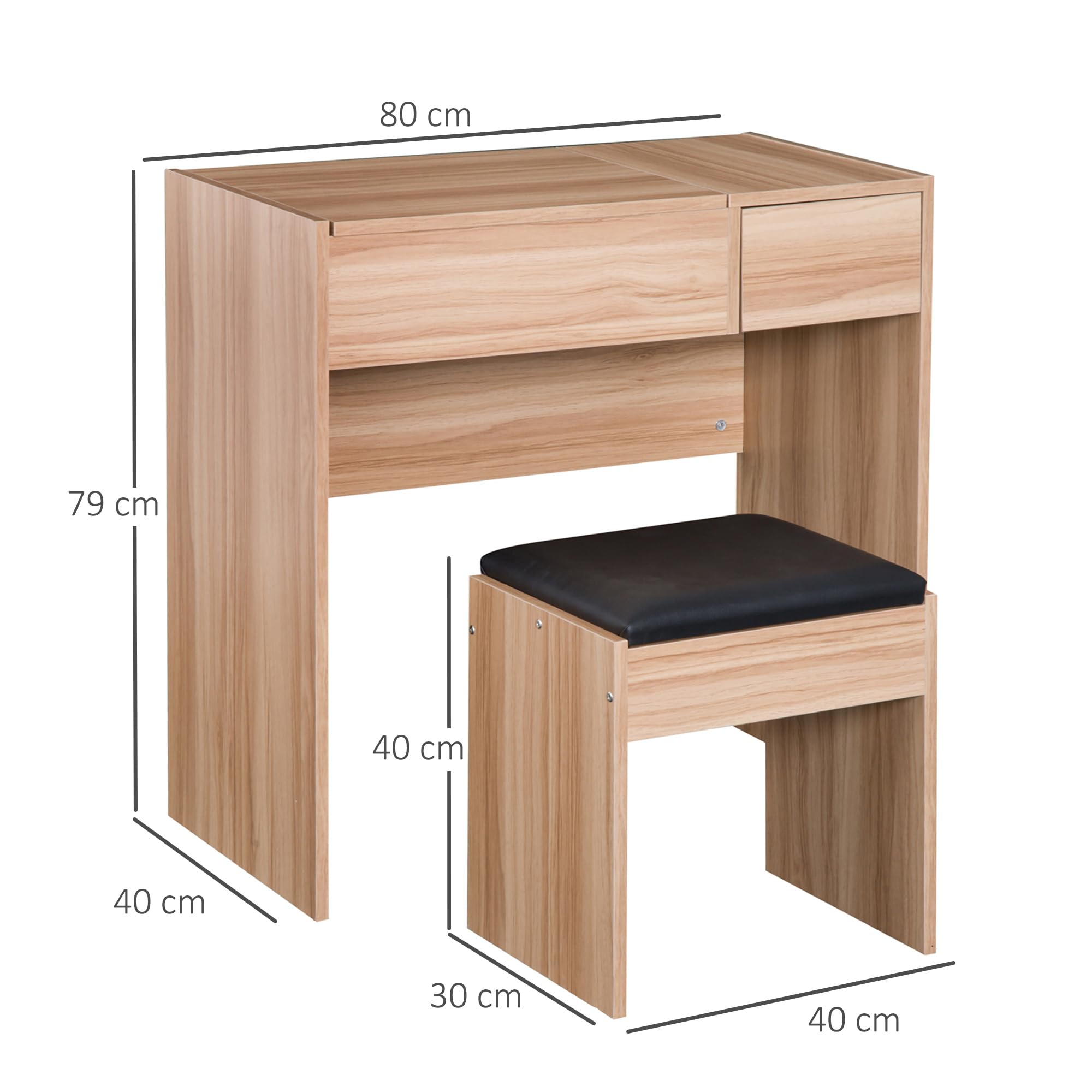 HOMCOM Makeup Vanity Table with Stool, Flip Top Mirror & Storage Boxes, 80x40x79cm & 40x30x40cm, Natural Wood - Perfect for Bedroom, Dressing Room & Beauty Salon Organization