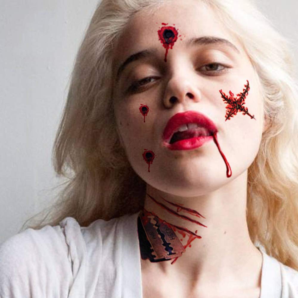 FEDBNET Halloween Scars Temporary Tattoos - Realistic Fake Wound & Zombie Tattoo Stickers with Fake Blood Effect - Perfect for Halloween Costumes, Cosplay, Horror Parties & Themed Events