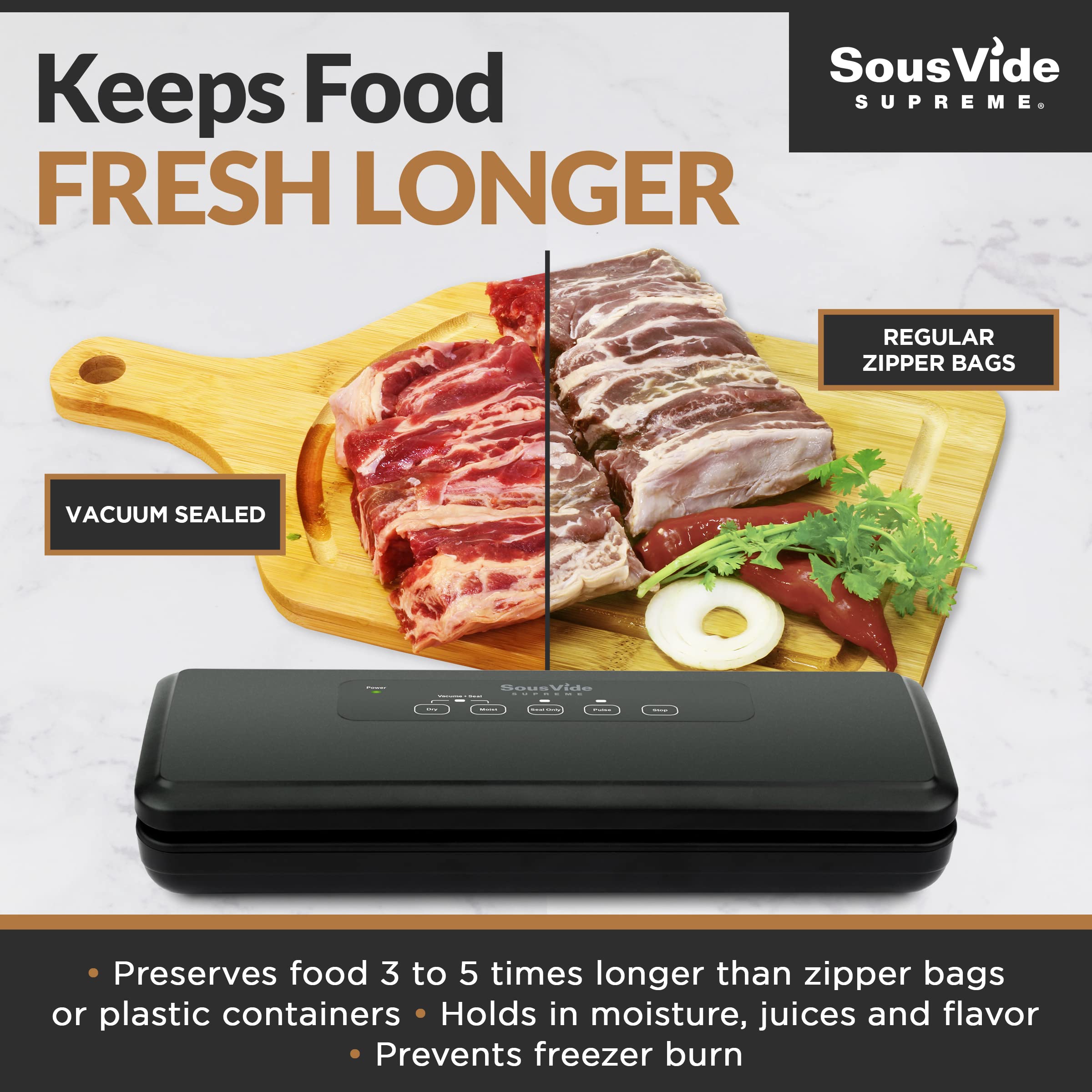 Sous Vide Supreme VS007 Vacuum Sealer Machine - Professional Food Preserver for Dry & Moist Foods - Seal Only Function & Custom Bag Sizing - Perfect for Sous Vide Cooking, Meal Prep & Food Storage (Bags Not Included) - Ideal for Home Kitchens, Restaurants & Camping Trips