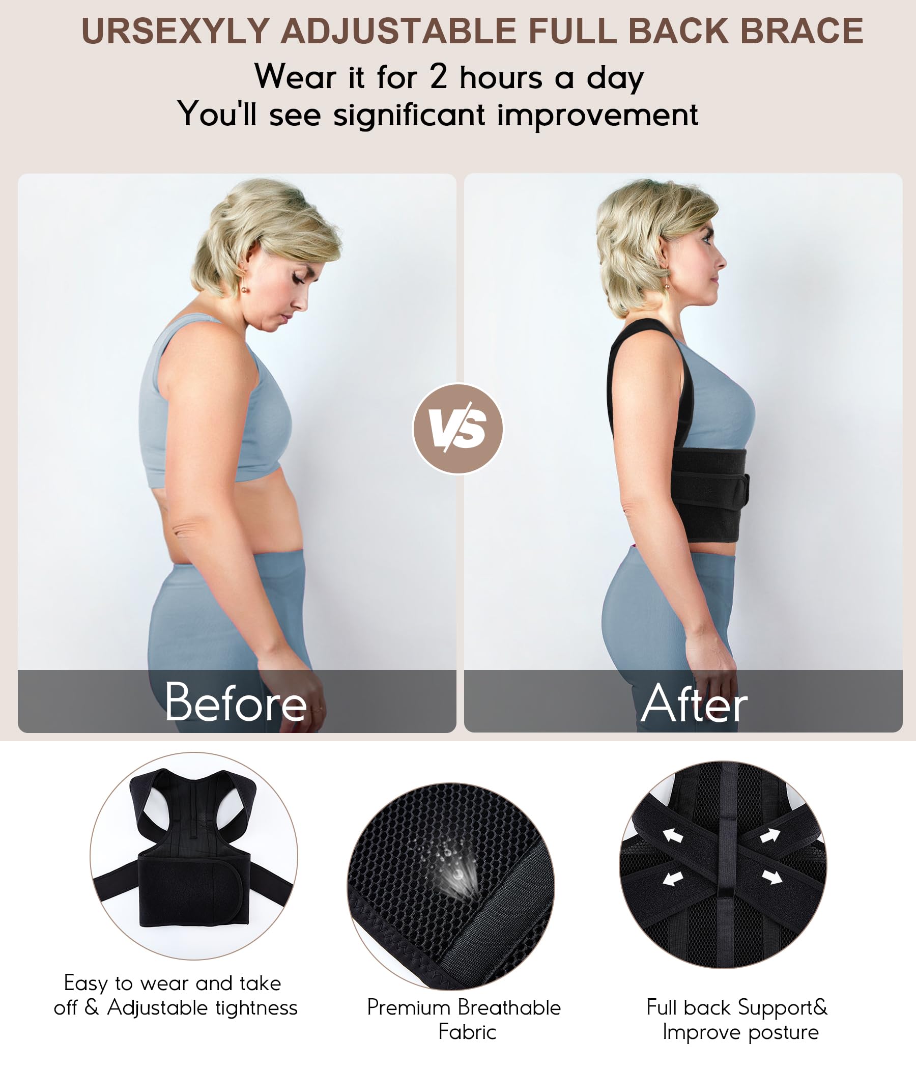 URSEXYLY Adjustable Back Brace & Posture Corrector for Women - Upper & Lower Back Pain Relief, Spine Support, Shoulder Straightener (Black, Medium) - Perfect for Office Work, Driving & Daily Posture Improvement