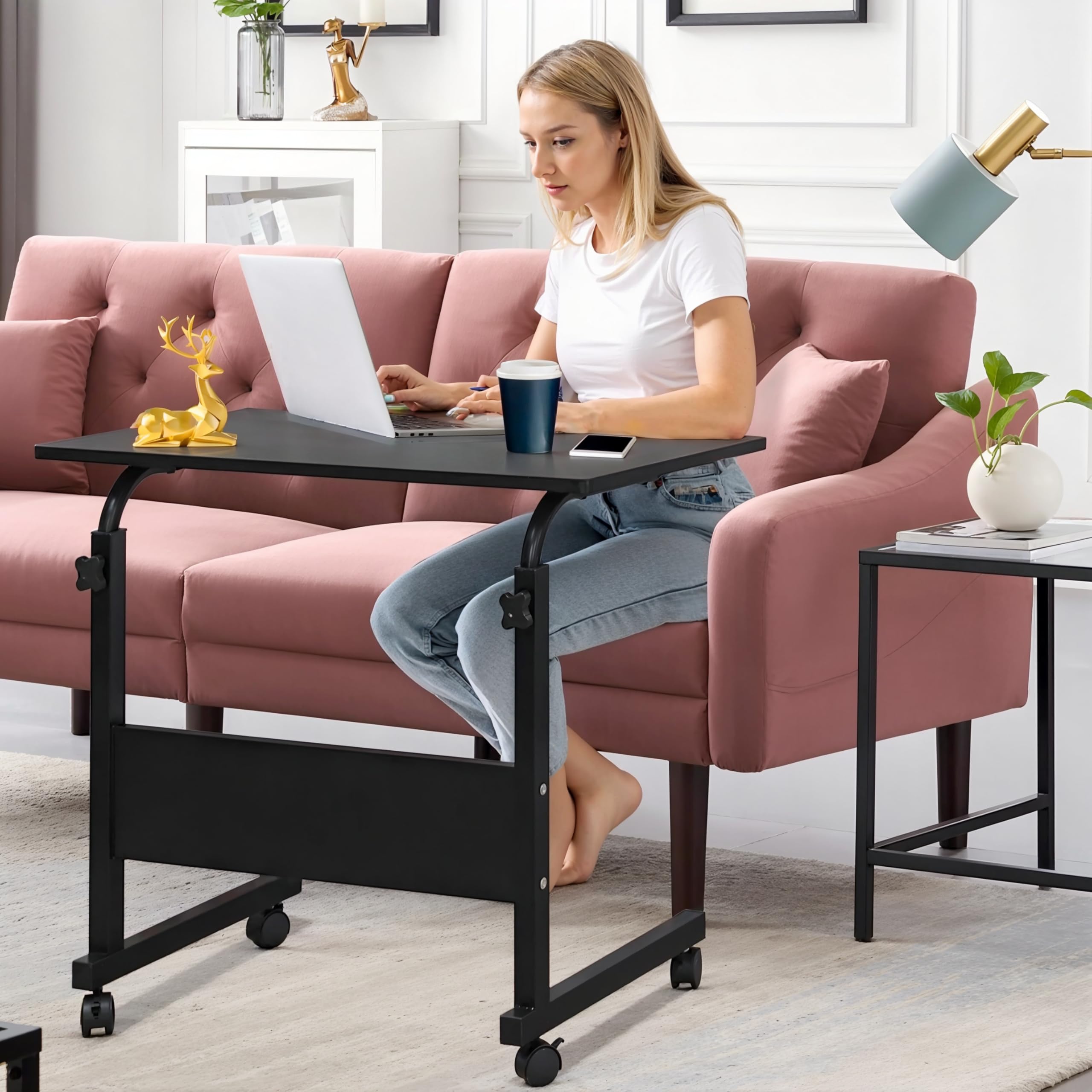 Soges Adjustable Rolling Laptop Desk Cart - 31.5 Inch Mobile Sofa Side Table with Tablet Slot, Portable Standing Laptop Table for Couch, Bed, and Office, Black - Perfect for Home, Office, and Dorm Use