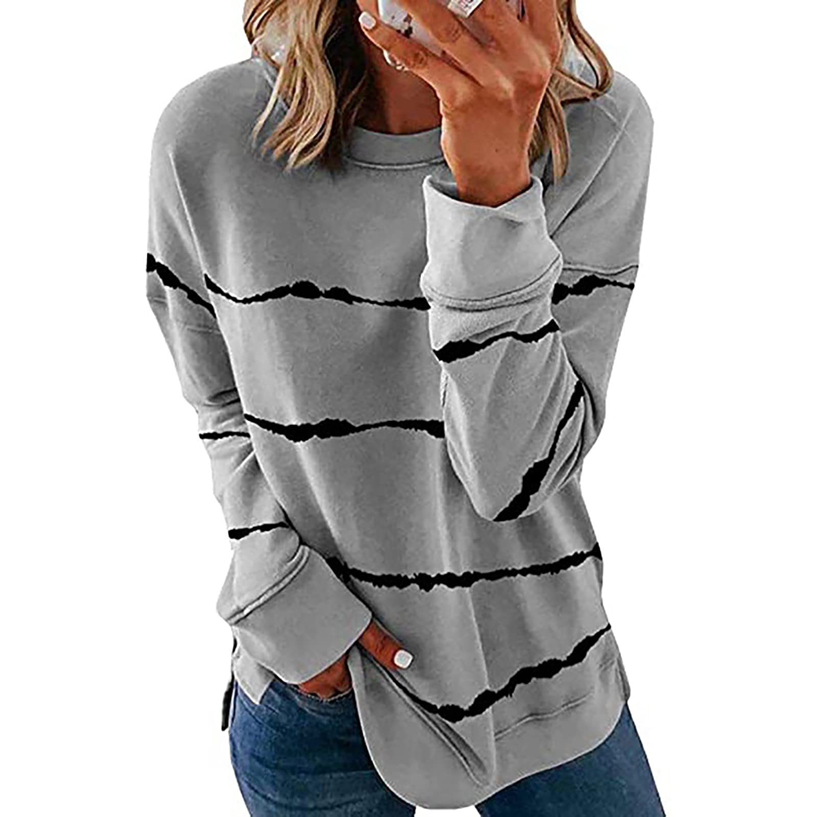 ZEFOTIM Women's Spring Tops 2023 - Trendy Contrast Color Striped Long Sleeve Tunic Blouse, Loose O-Neck Tee Shirt for Casual Wear, Office & Date Night Outfits