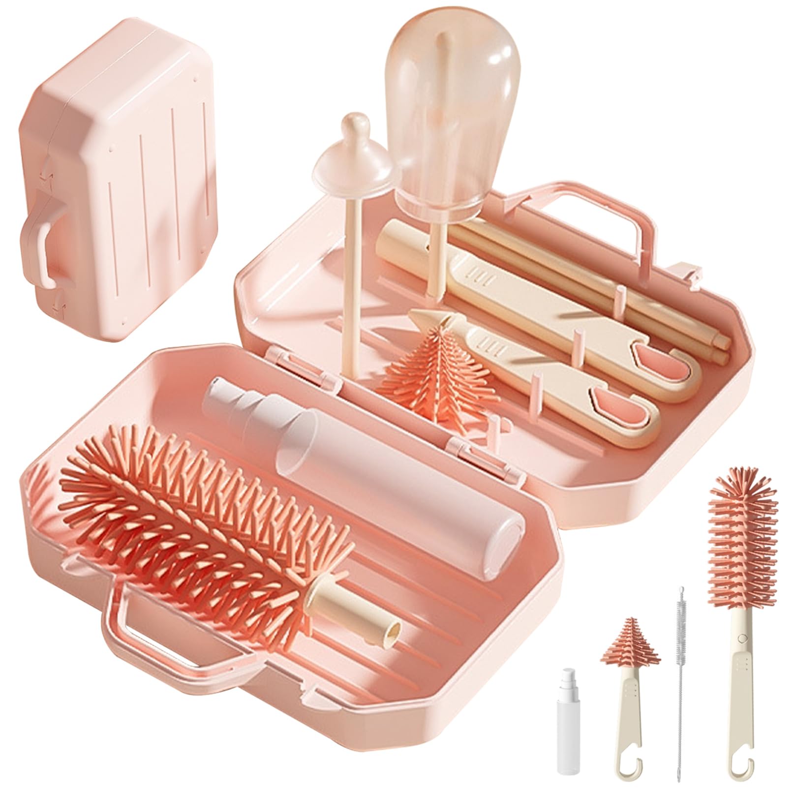 6 in 1 Travel Baby Bottle Cleaning Kit with Drying Rack - Silicone Bottle Brush, Straw Brush, Nipple Brush, Soap Dispenser & Storage Box - Portable for Travel, Camping & Daycare Use