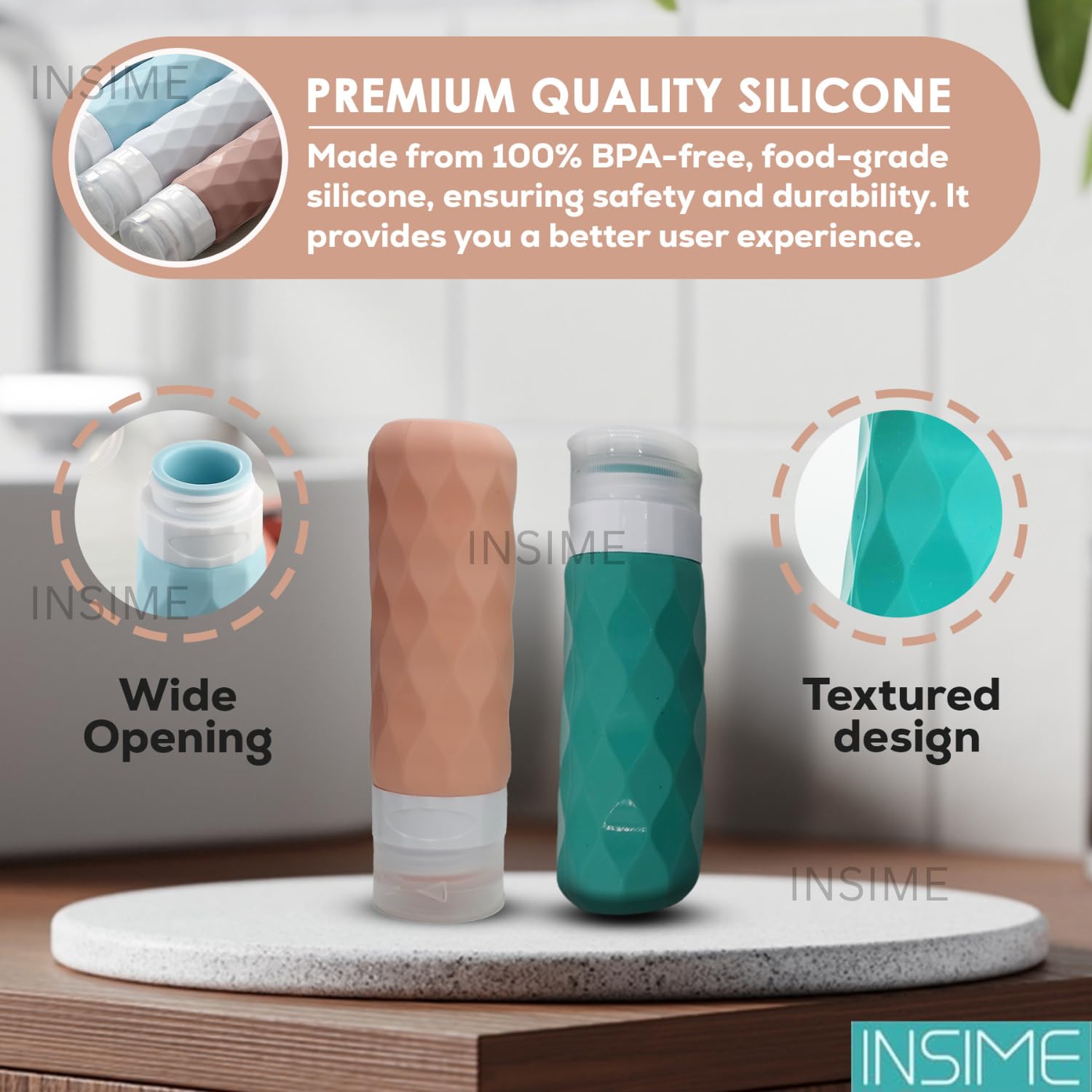 INSIME Silicone Travel Bottles for Toiletries - Leak Proof Refillable Containers for Shampoo, Lotion & Makeup | TSA Approved Travel Size Toiletry Kit | Perfect for Airplane Carry-on, Gym Bag & Vacation Essentials