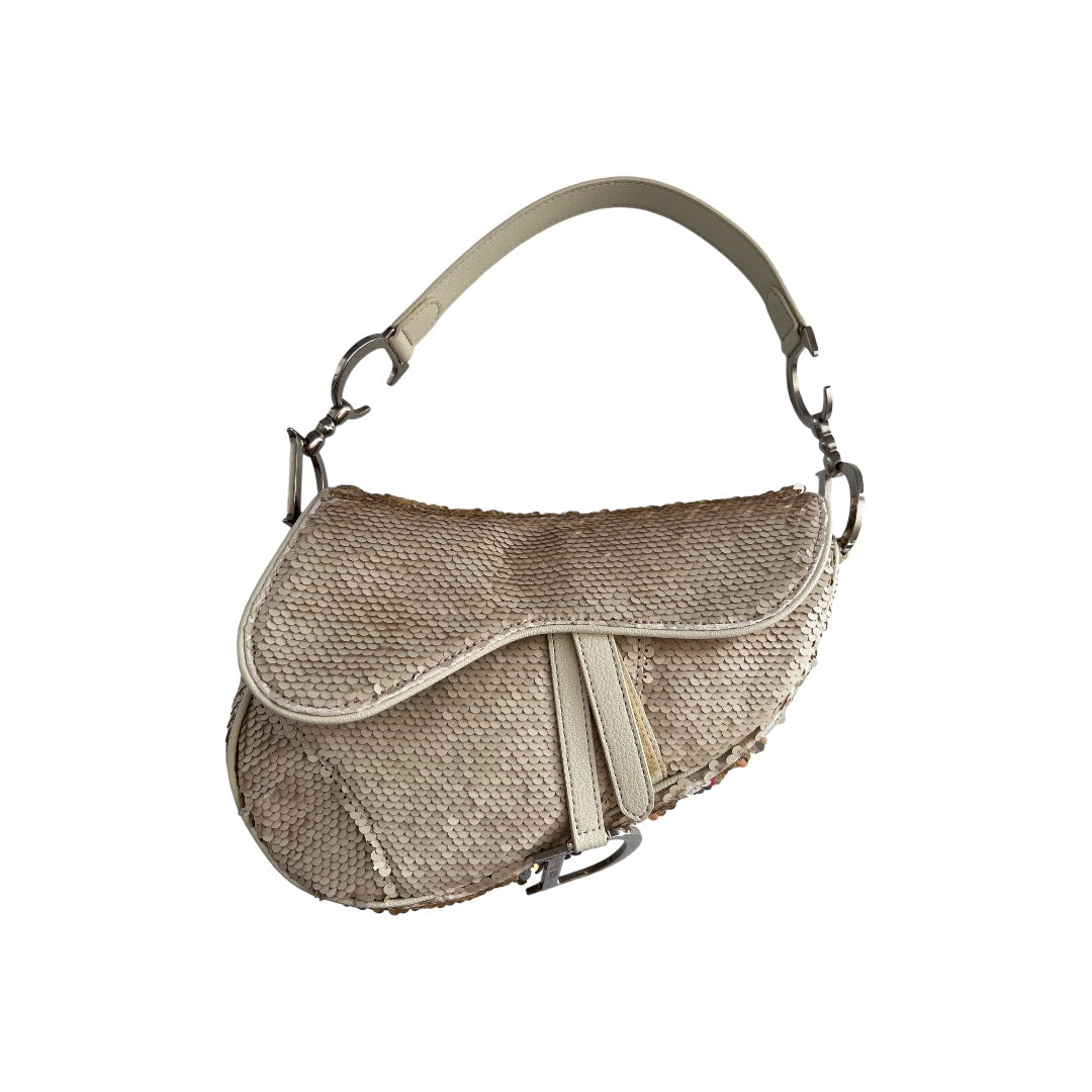Vintage Dior Cream Reversible Sequin Saddle Bag - Matte & Radiant Finish | Luxury Crossbody Purse for Evening Parties, Weddings & Special Occasions