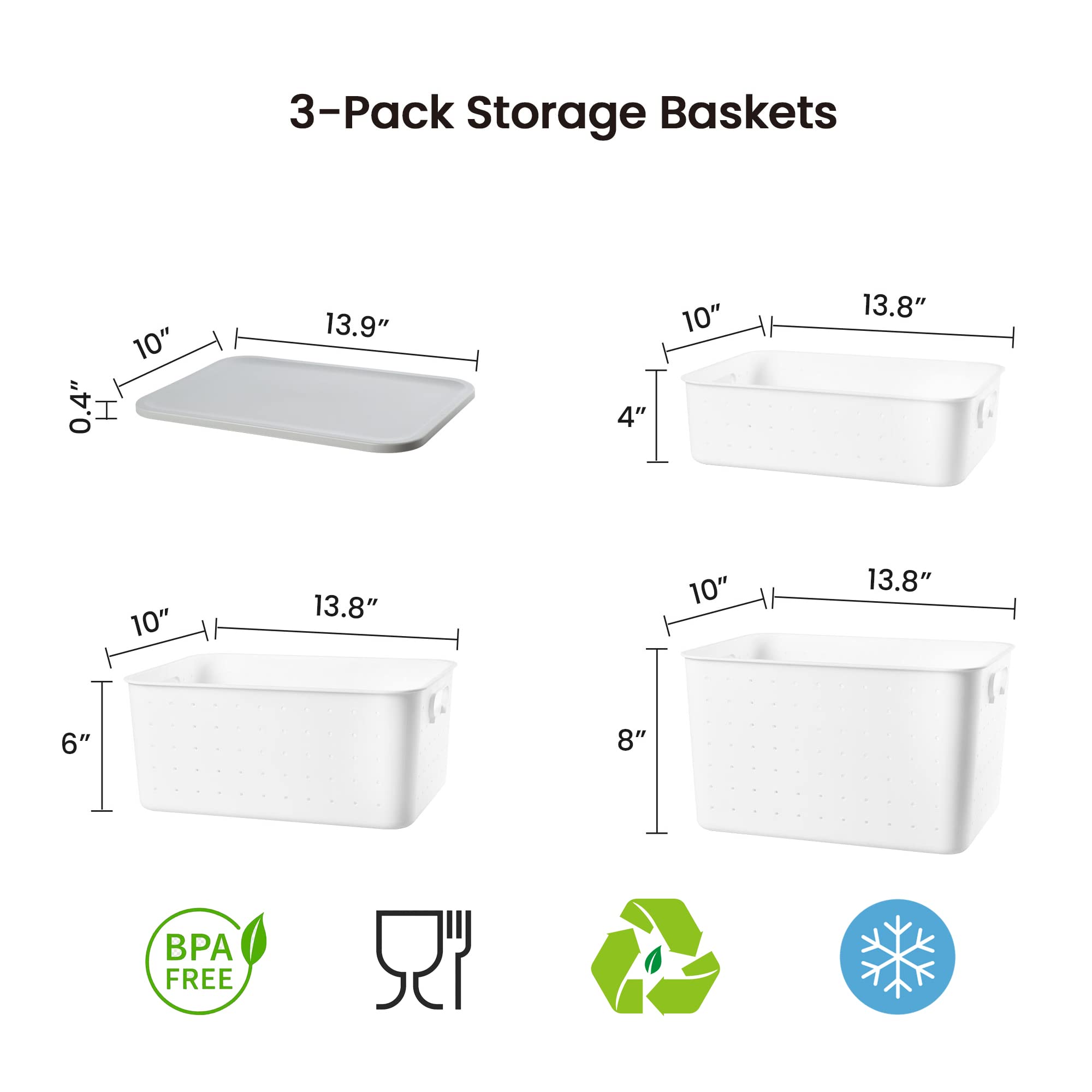 Durable Plastic Storage Baskets with Lid - Stackable Organizer for Closet & Office (14x10x8in, White)