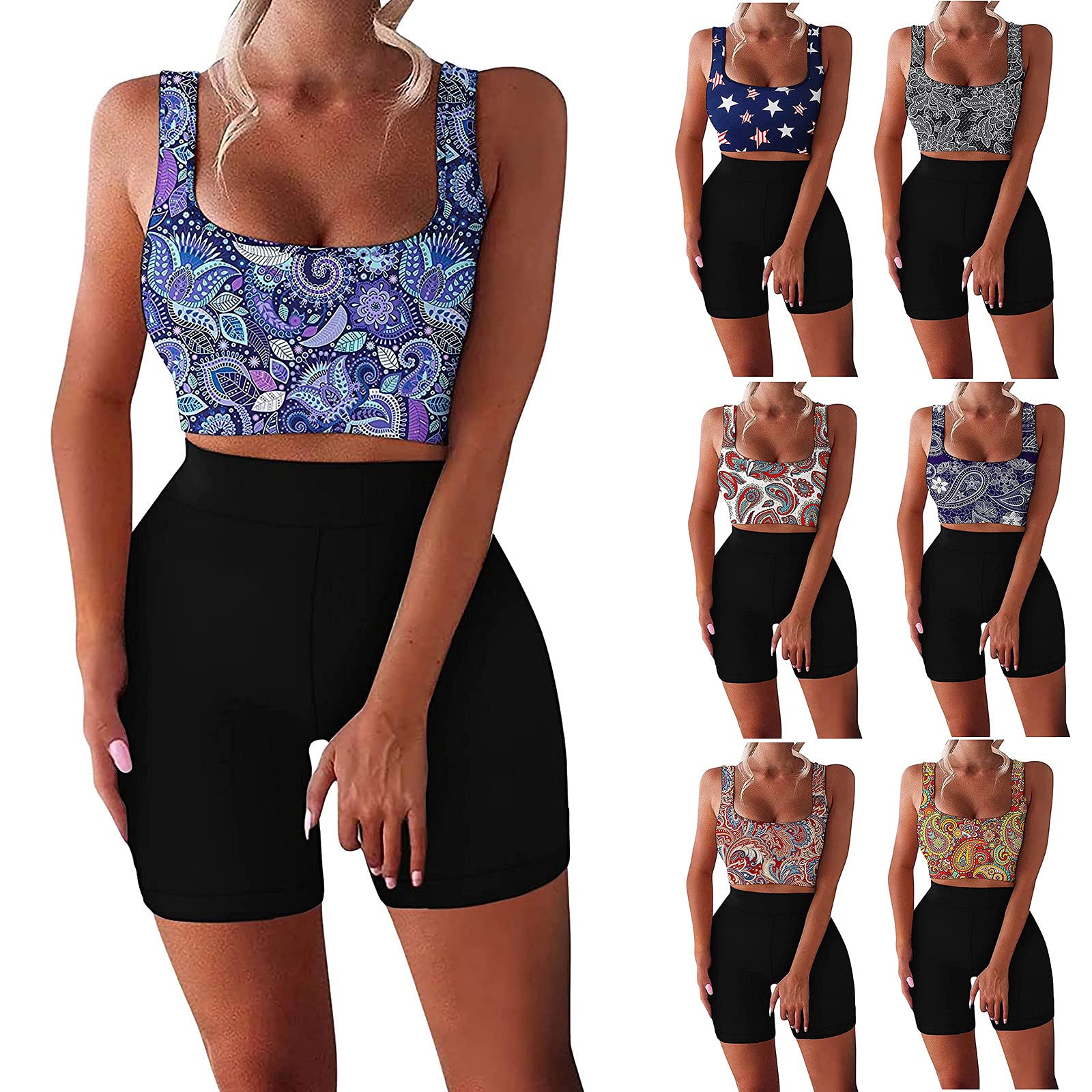 Seamless Workout Sets for Women - 2 Piece Color Block Ribbed Crop Tank & High Waist Yoga Shorts | Gym Activewear for Running, Yoga & Fitness Training