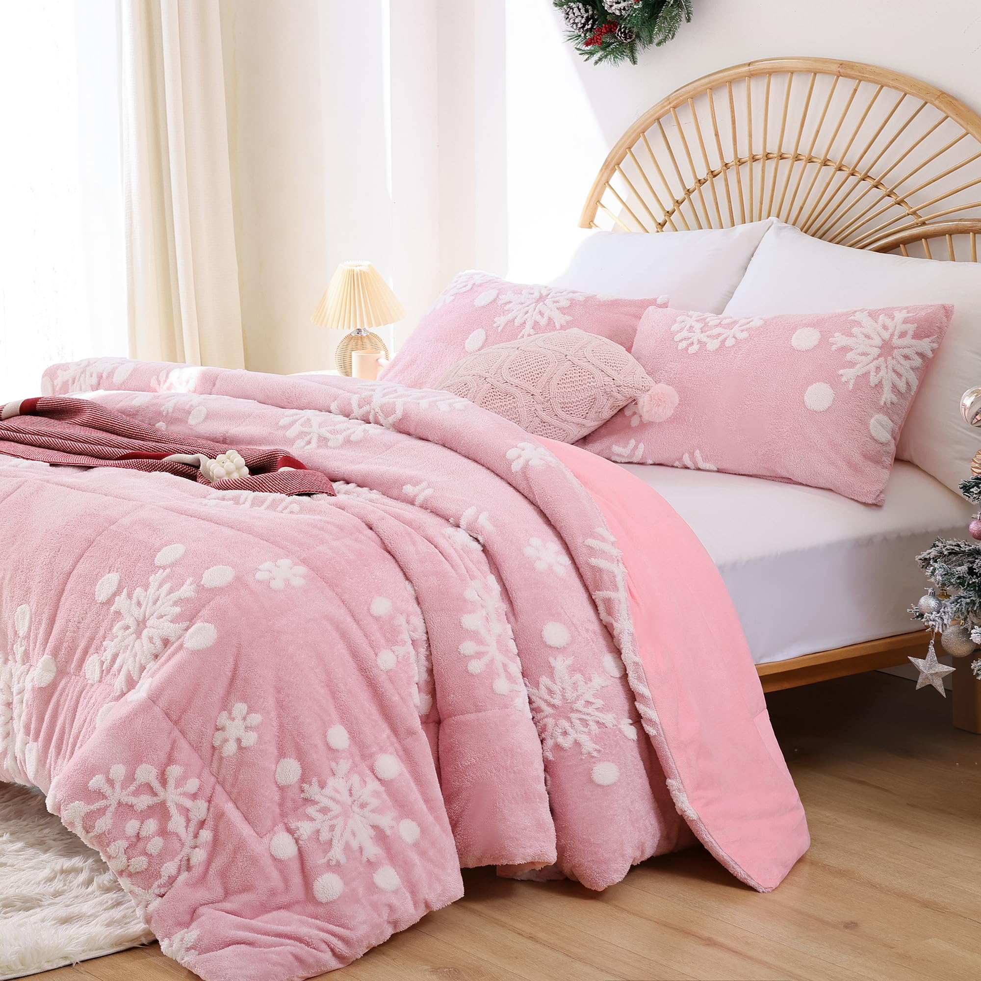 JANZAA Pink Velvet Christmas Comforter Set Queen Size - 3 Piece Soft Fluffy Bedding with 3D White Snowflake Design for Holiday Decor & Cozy Winter Nights