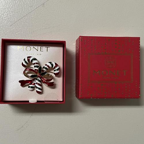 Monet Jewelry Christmas Candy Cane Multi-Color Glass Brooch Pin - Festive Holiday Accessory for Sweaters, Scarves & Gift Giving