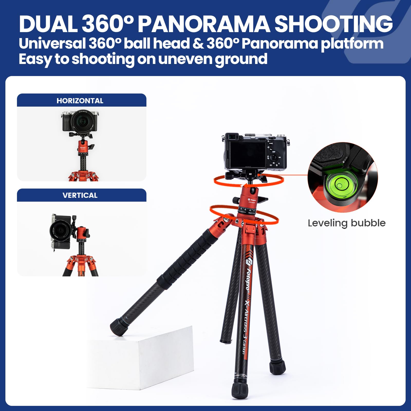 Fotopro X-Aircross3 60-Inch Carbon Fiber Travel Tripod with 360° Ball Head - Ultra Lightweight 2.07lbs, Extendable & Stable DSLR Tripod Supports 22lbs - Perfect for Travel Photography, Hiking, Vlogging & Outdoor Adventures (Orange)