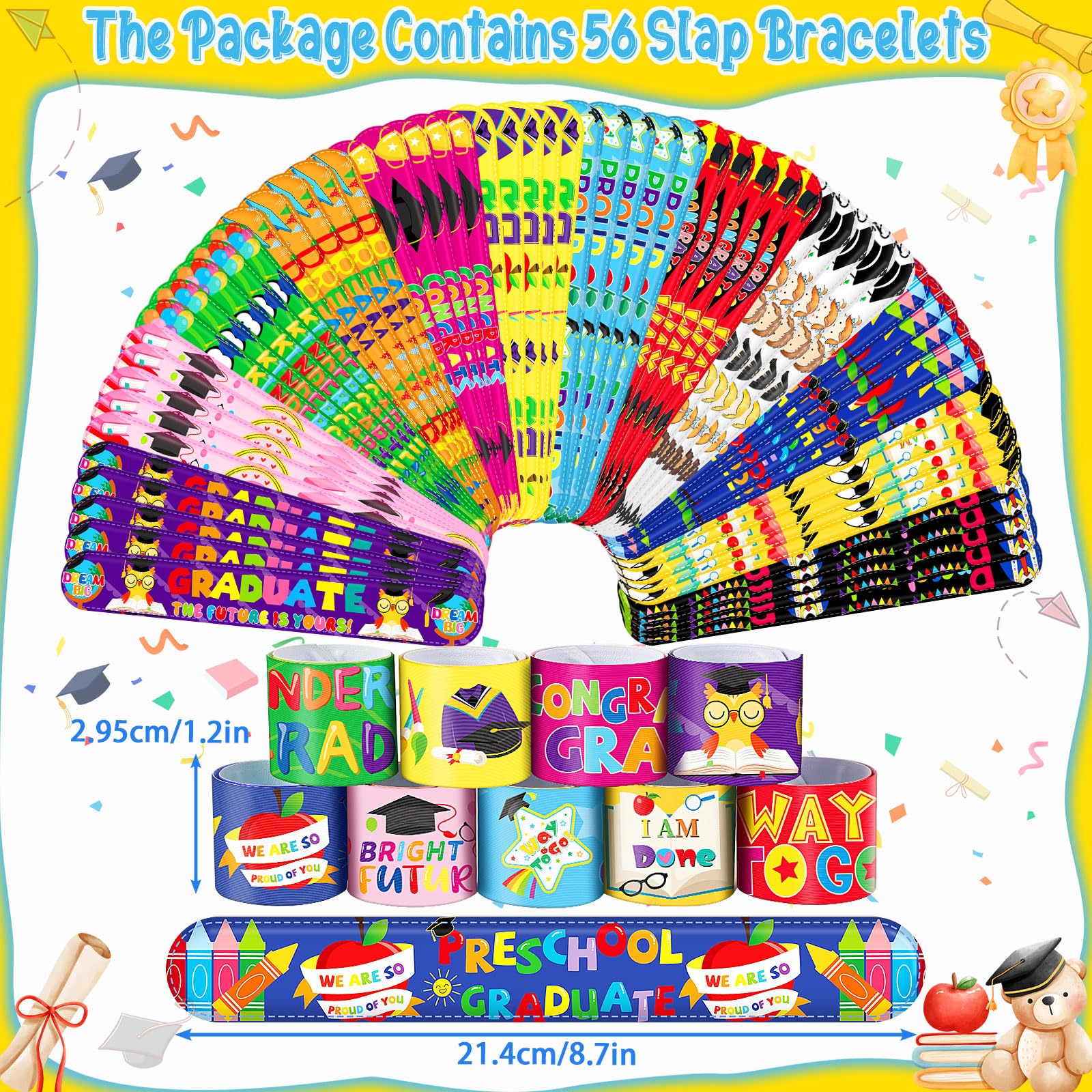 56Pcs Colorful Graduation Slap Bracelets - Kindergarten Graduation Party Favors, Preschool Graduation Gifts for Kids - Perfect for Class of 2024 Celebrations, End of Year School Events & Graduation Ceremonies