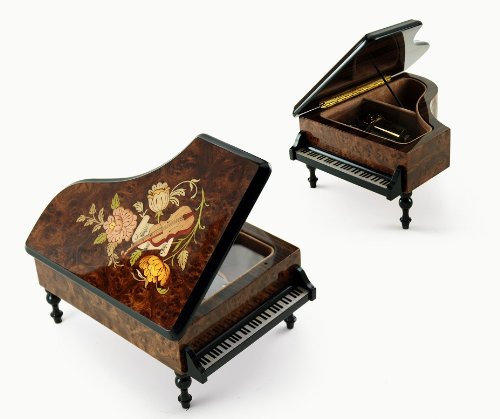 36 Note Burl Wood Grand Piano Music Box with Floral Design - Plays Multiple Classic Songs - Perfect for Weddings, Anniversaries & Home Decor Gifts