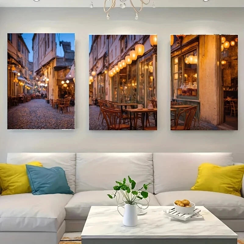 3-Piece White Wolf Metal Print Wall Art - Cobblestone Street Design - Ready to Hang - Perfect for Living Room, Bedroom & Office Decor