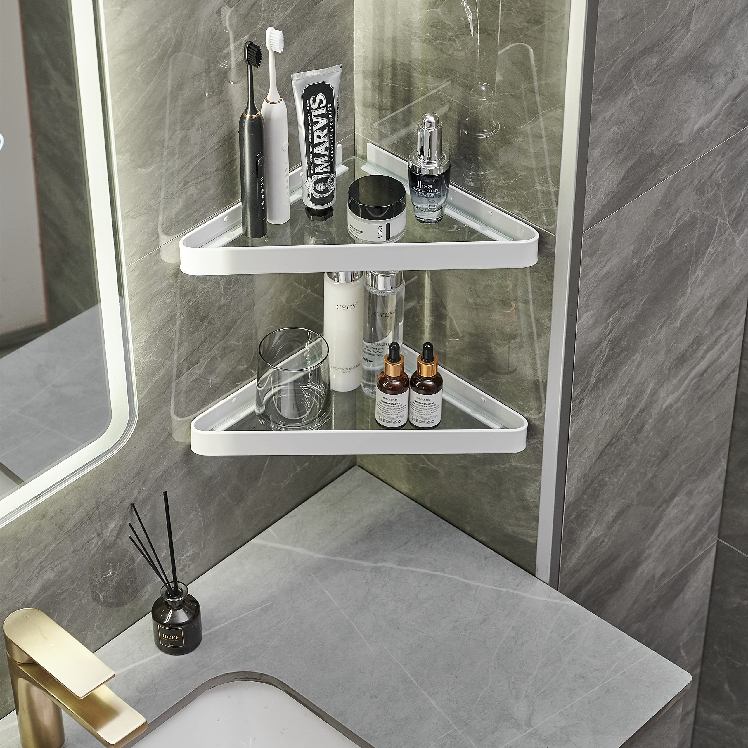 VOLPONE 2-Tier Wall Mounted Bathroom Shelves - Tempered Glass Corner Floating Shelf for Bathroom Storage & Organization (White) - Perfect for Shower Caddies, Soap Dispensers & Towel Storage