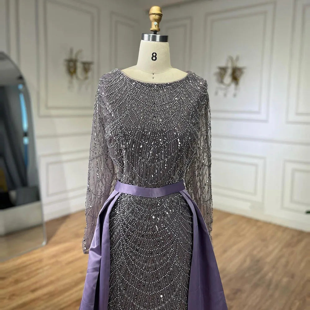 Serene Hill Muslim Purple Mermaid Beaded Pearls Evening Gown with Detachable Overskirt for Women | Elegant Wedding Dress & Party Gown 2025 LA72032E | Perfect for Bridal Showers, Formal Events & Special Occasions
