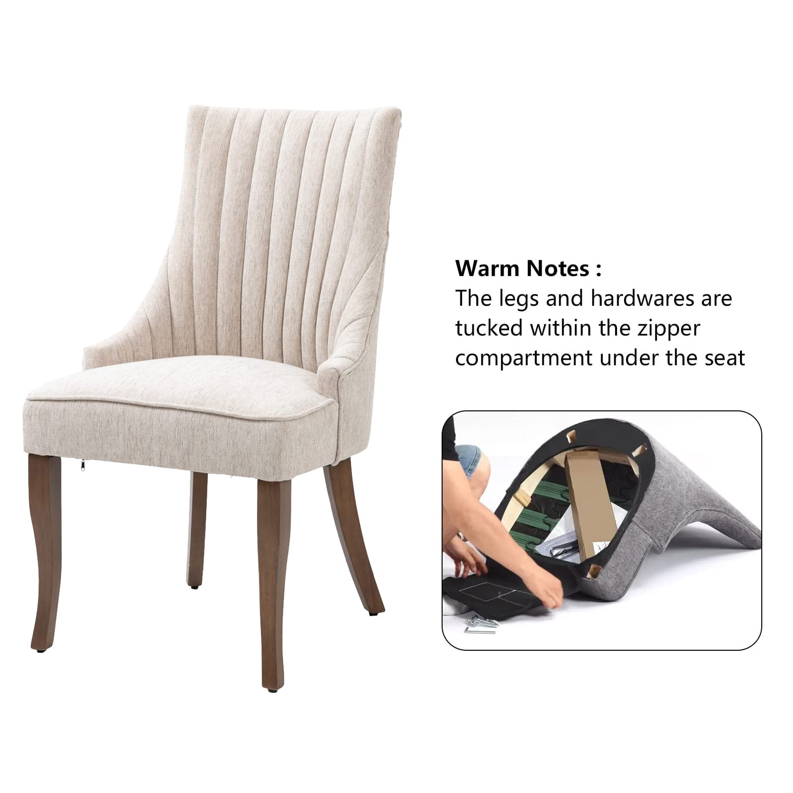 Mikibama Set of 2 Linen Upholstered Dining Chairs - Channel Tufted Fabric Kitchen Chairs with Solid Wood Legs, Comfortable Accent Chairs for Dining Room (Beige) | Perfect for Farmhouse Kitchens, Breakfast Nooks & Formal Dining Rooms