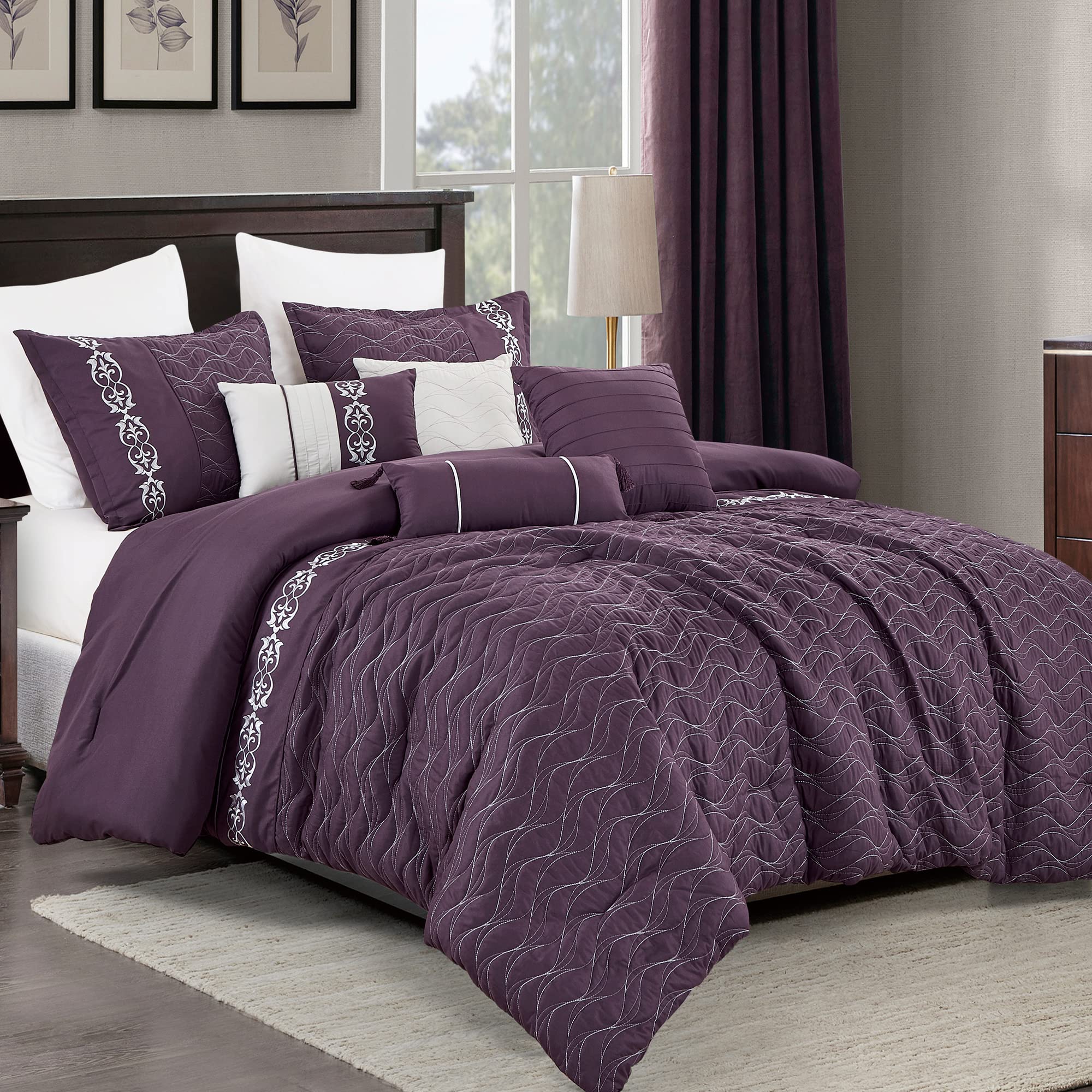 Luxury 7-Piece King/Cal-King Comforter Set with Shams & Cushions - Modern Wavy Elegant Purple Embroidered Bedding Set, Bed in a Bag (22066, K/CK, Purple) | Perfect for Master Bedroom, Guest Room & Luxury Hotel Decor