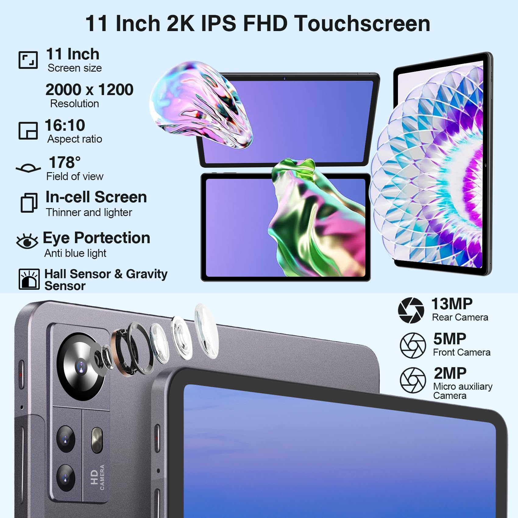 2024 Newest 11-inch Android 13 Tablet - 16GB RAM + 256GB ROM (Expandable to 1TB), Octa-Core Processor, 2K HD Display (2000x1200), 13MP Triple Camera, 8600mAh Battery, Quad Speakers, 5G/2.4G WiFi, GPS, Bluetooth 5.0 - with Protective Case (Grey) - Perfect for Work, Study, Entertainment & Travel