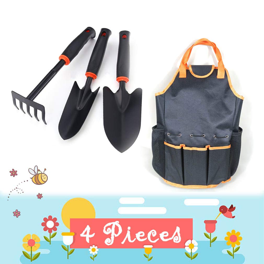 PracticalONE 4-Piece Garden Tools Set - Stainless Steel Hand Tools Kit with Trowel, Cultivator, Rake & Storage Tote Bag - Perfect Gardening Gifts for Women, Men & Kids - Ideal for Outdoor Planting, Weeding & Yard Maintenance