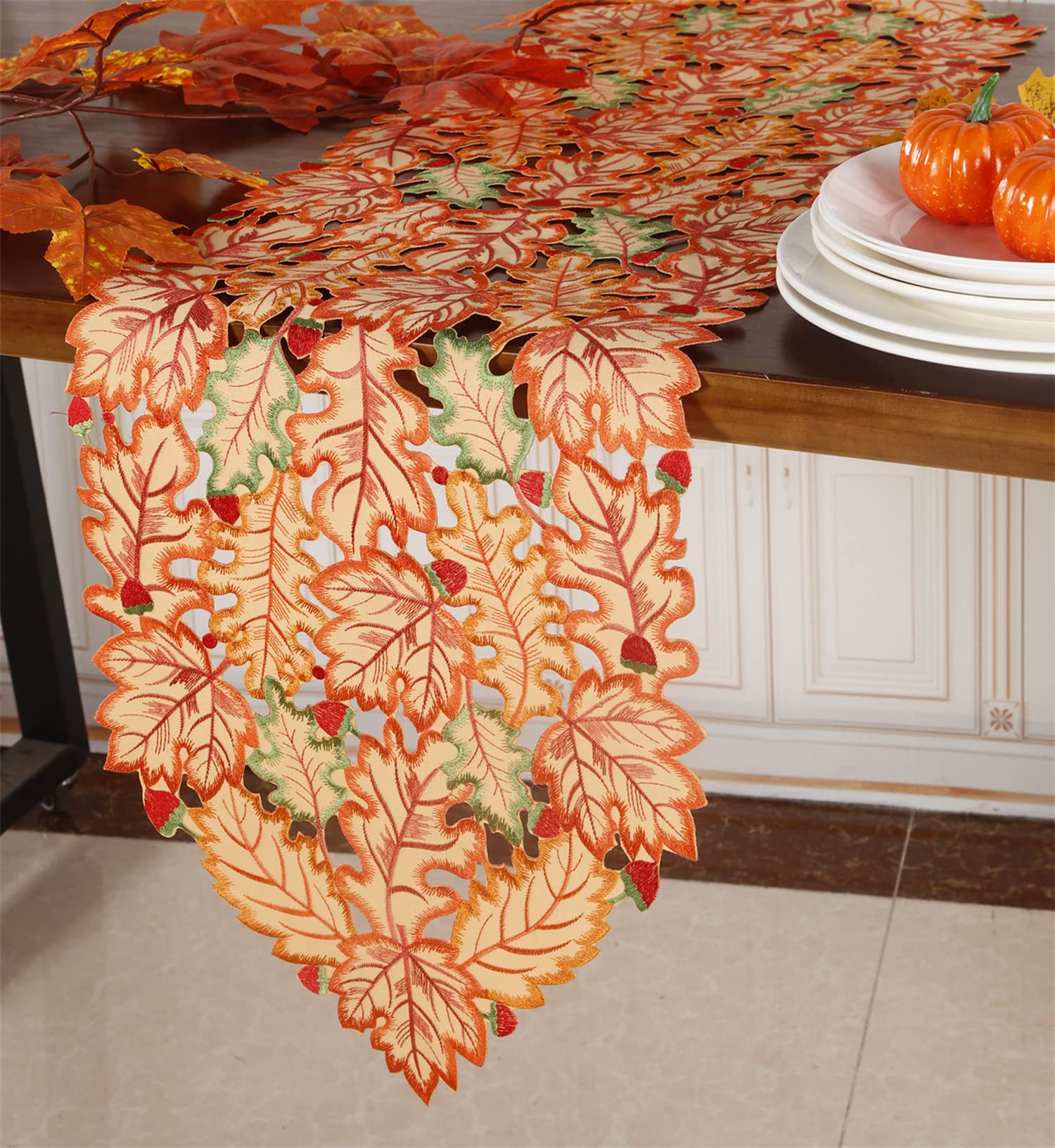 GRANDDECO 13x54 Inch Fall Table Runner with Cutwork Embroidered Maple Leaves - Autumn Harvest Thanksgiving Table Decor for Holiday Dinner, Party & Daily Home Decor - Coffee Brown (Perfect for Thanksgiving Gatherings, Fall Weddings & Cozy Seasonal Home Styling)