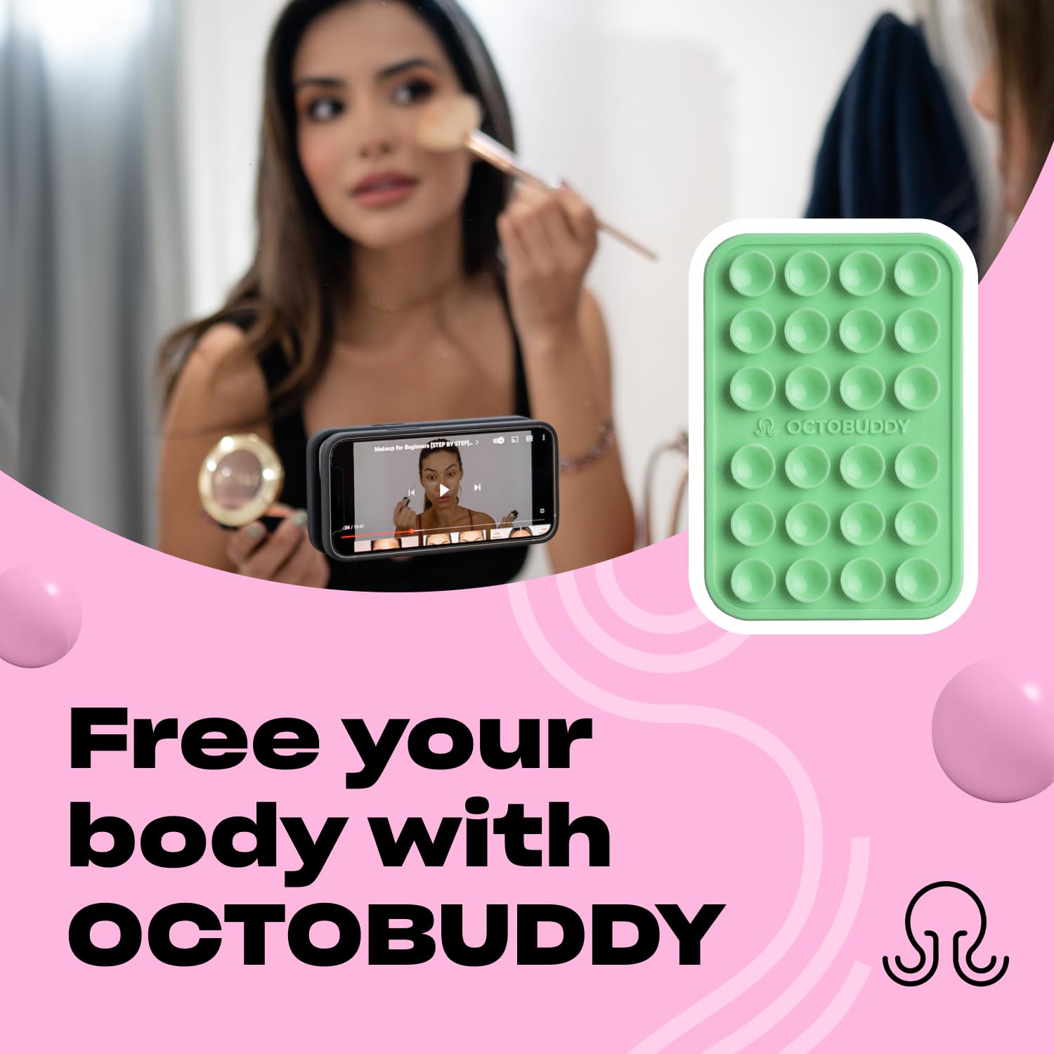 OCTOBUDDY MAX Silicone Suction Phone Case Adhesive Mount - Hands-Free, Strong Grip Holder for Selfies, Videos, and Vlogging - Durable, Easy to Use - iPhone and Android Compatible - 2.6″ x 3.9″, Green Ash - Perfect for Car, Desk, and Outdoor Adventures
