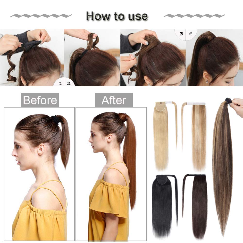 Blonde Remy Human Hair Clip-in Ponytail Extensions - 22 Inch Straight One Piece Hairpiece with Comb Binding for Women (#613 Bleach Blonde) | Perfect for Parties, Weddings & Everyday Styling