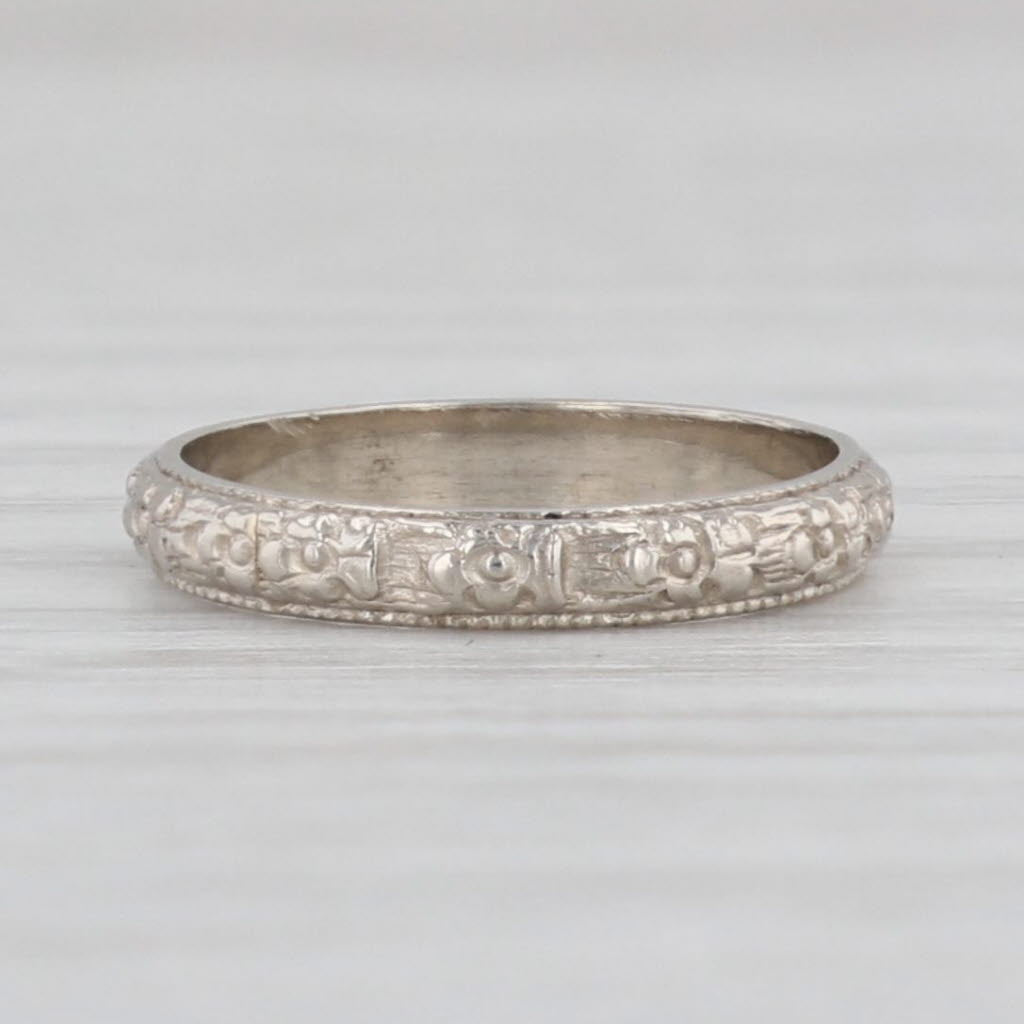 10k White Gold Antique Floral Baby Ring - Dainty Small Size Keepsake Band for Newborns, Christening Gifts & First Birthday Presents