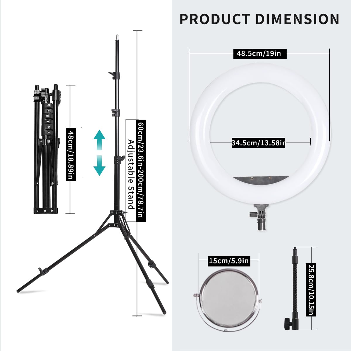 FEIFANTEAM 19-Inch LED Ring Light Kit with Phone Holder, LCD Display & Mirror - Professional Studio Lighting for YouTube Videos, Live Streaming, Vlogging, Makeup, Beauty Photography & TikTok Content Creation