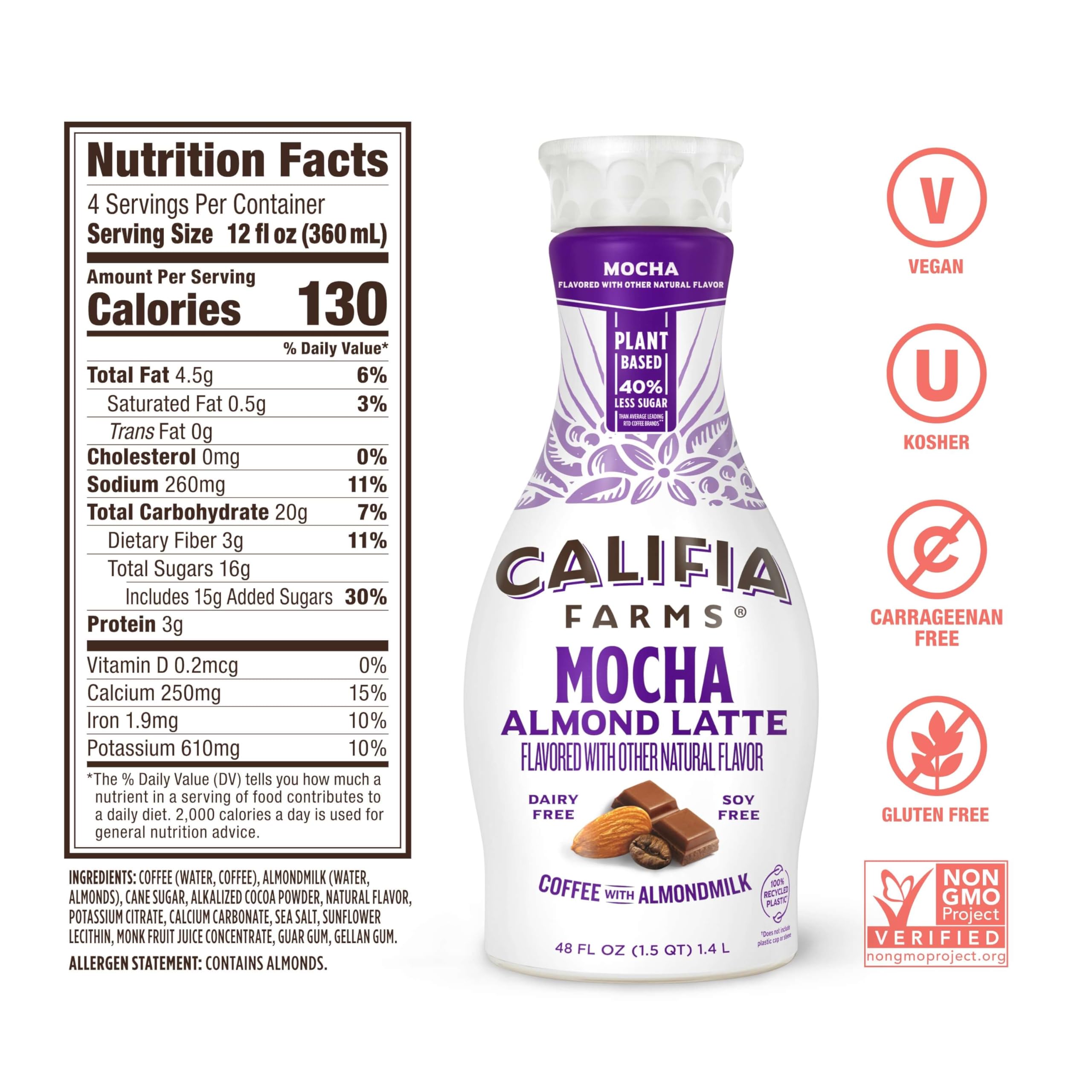 Califia Farms Mocha Cold Brew Coffee with Almond Milk - 48 Oz, 100% Arabica, Dairy Free, Vegan, Gluten Free, Non GMO, Plant Based Iced Coffee - Perfect for Breakfast, Office, or On-the-Go Refreshment