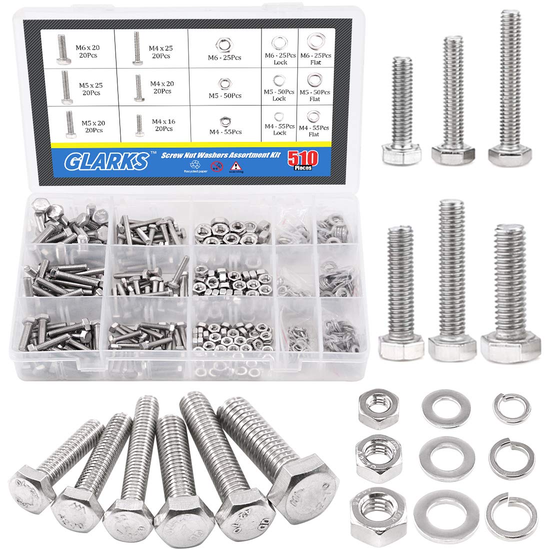 Glarks 510-Piece Stainless Steel Hex Head Flat Screws, Bolts, Nuts, Lock Washers & Flat Washers Assortment Kit - Ideal for DIY Projects, Furniture Assembly, and Home Repairs