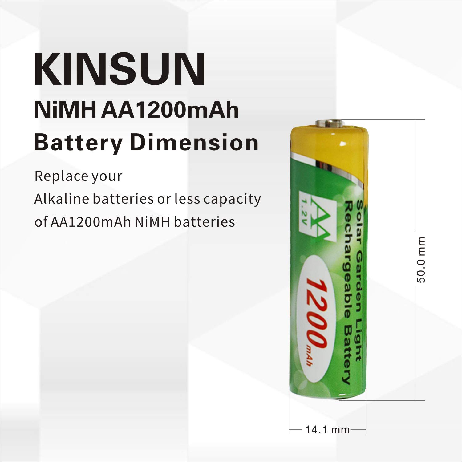 KINSUN AA 1200mAh 1.2V NiMH Rechargeable Batteries - 12 Pack for Solar Garden Lights, Pathway Lighting, Driveway & Walkway Illumination - Perfect for Outdoor Landscape, Backyard, Patio, Lawn, Porch and Fence Lighting