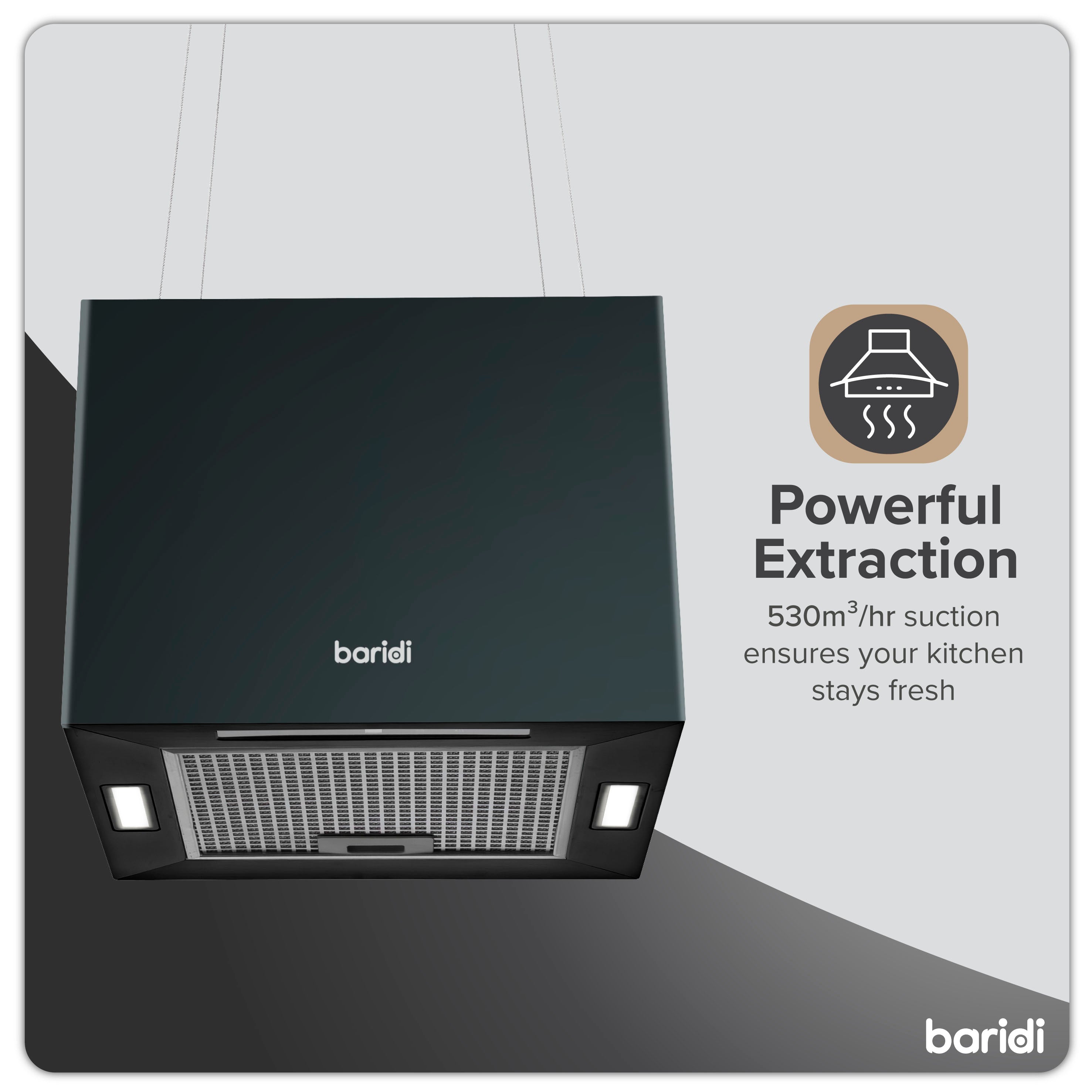Baridi Island Cooker Hood - 40cm Square Stainless Steel Range Hood with 3 Speed Settings, Black (DH109) - Perfect for Modern Kitchens and Open-Plan Living Spaces