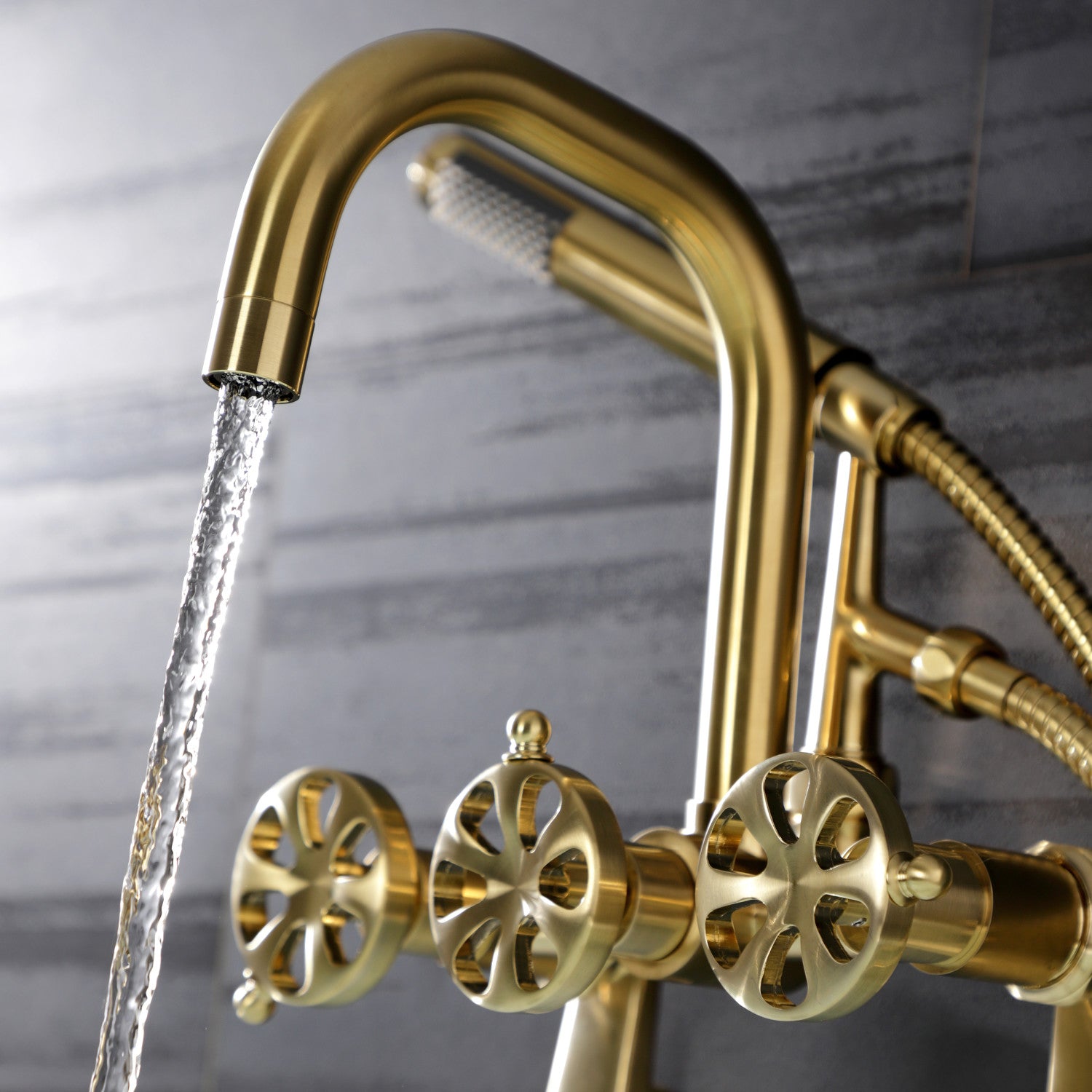 Belknap AE8457RX 3-Handle Wall Mount Clawfoot Tub Faucet with Hand Shower in Brushed Brass - Vintage Bathroom Fixture for Classic & Modern Homes