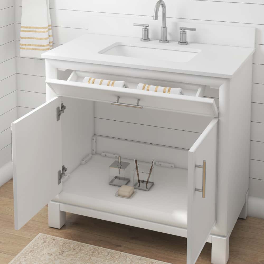 Clifden 36-Inch White Bathroom Vanity with Stone Countertop - Perfect for Modern Master Bath & Powder Room Remodeling
