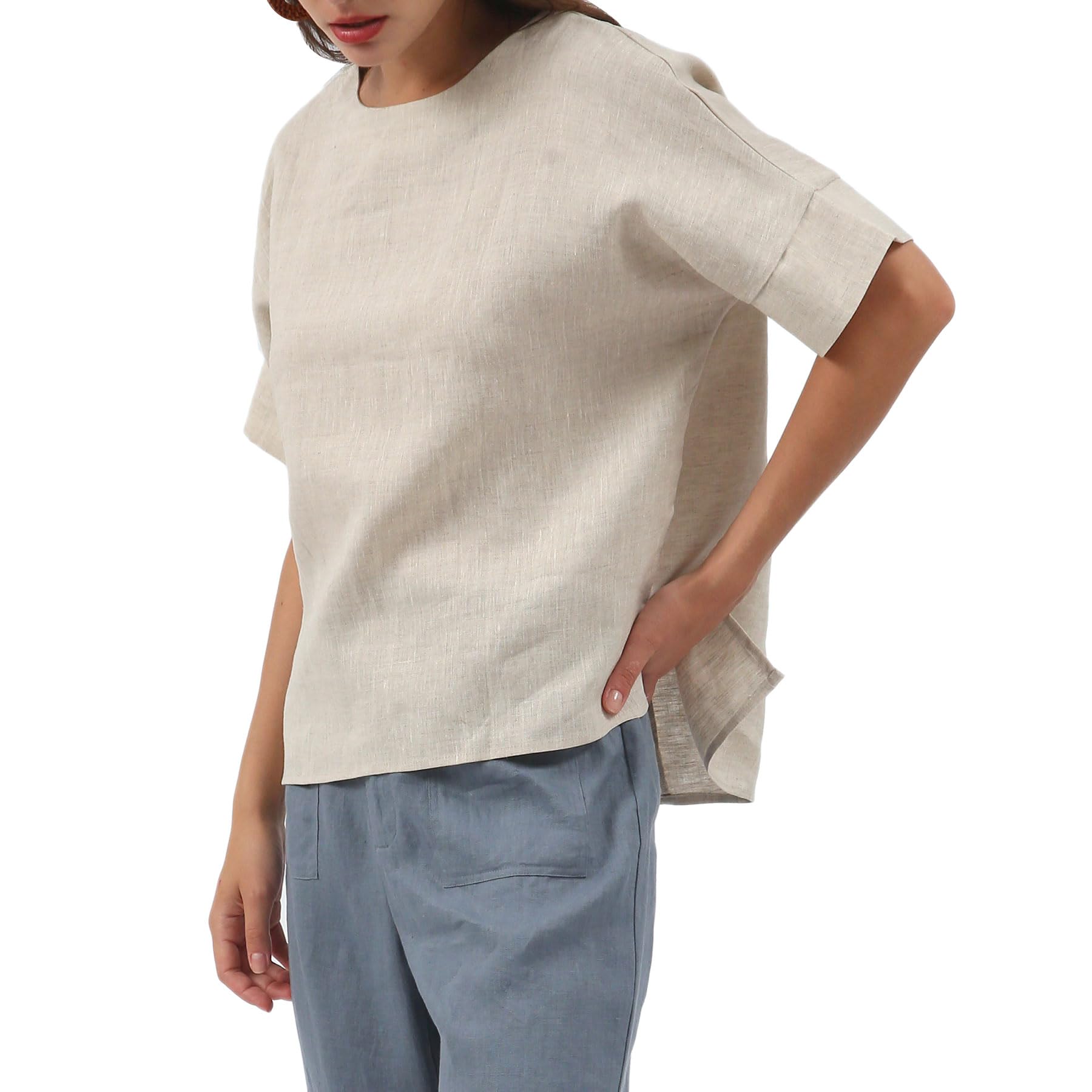 Amazhiyu Women's 100% Linen Short Sleeve Crewneck Blouse - Breathable Summer Top for Casual Outings, Beach Wear & Vacation Outfits