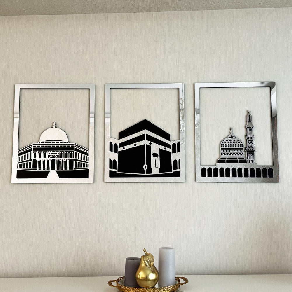 Masjid Al Haram Islamic Wall Art - Kaaba, Masjid An Nabawi & Al Aqsa Canvas Prints - Muslim Home Decor for Living Room, Prayer Room & Office